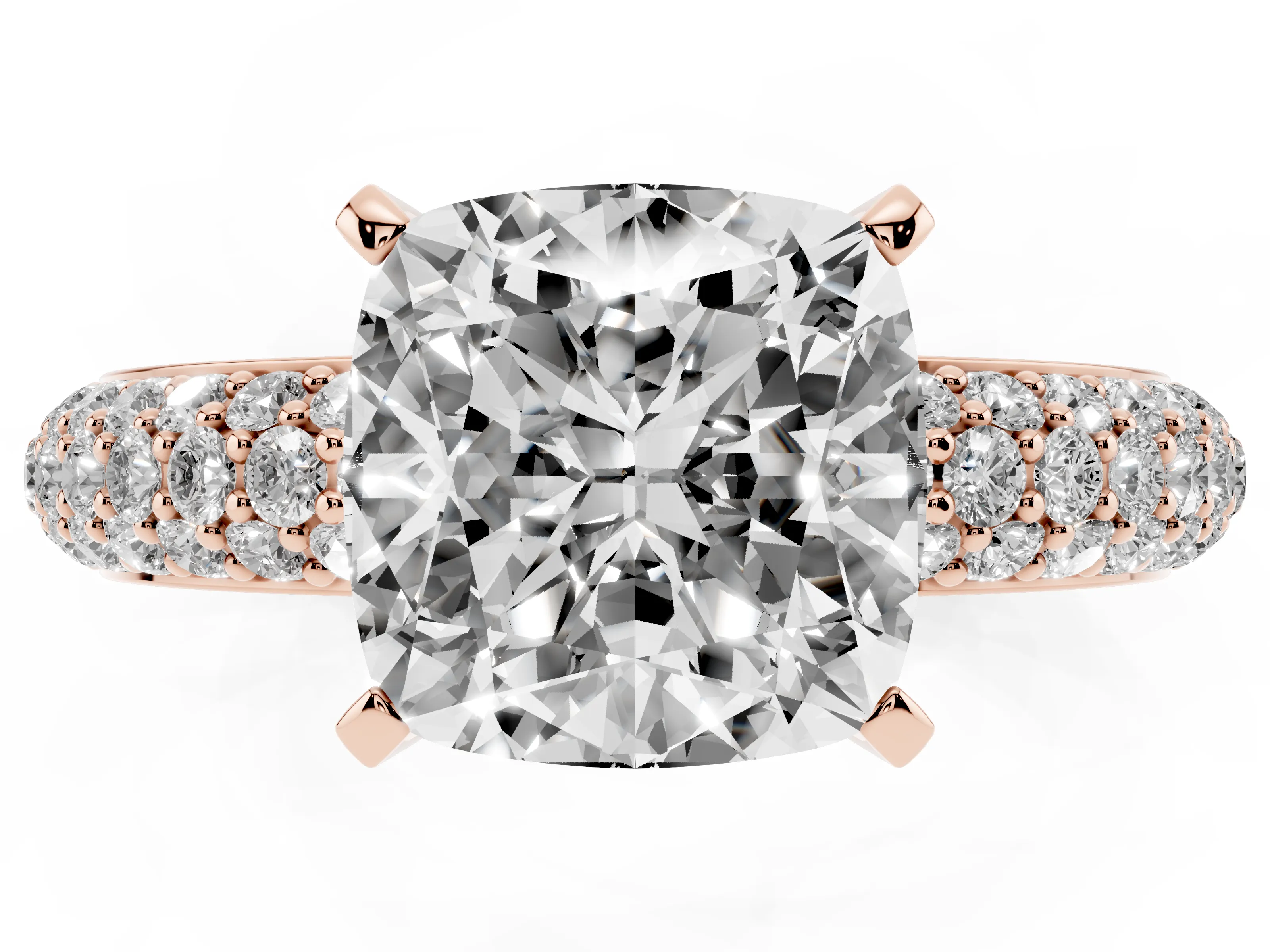 Cushion Cut Diamond Solitaire Ring Set in Rose gold with Prong Setting and Pavé-Set Band