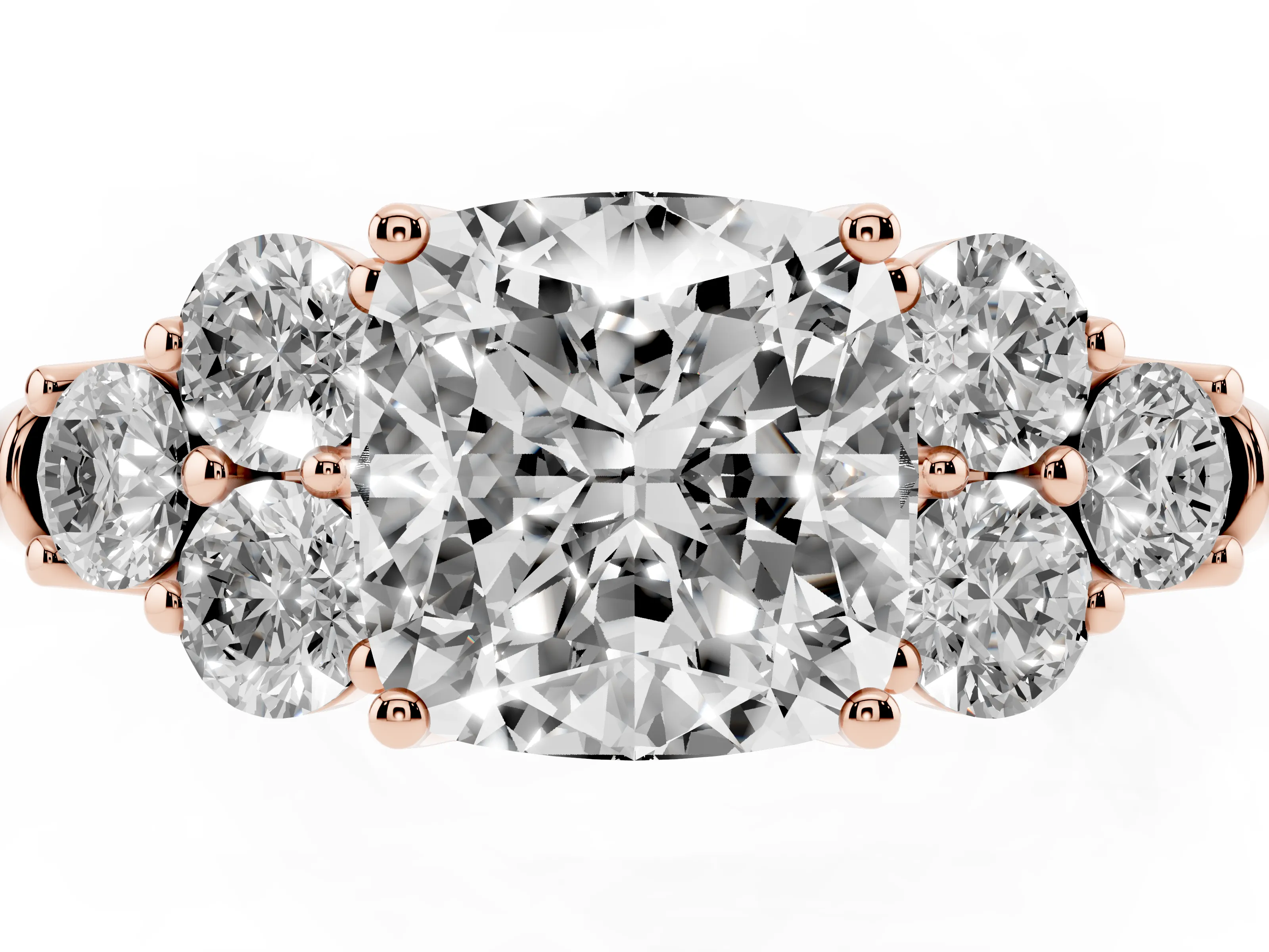 Cushion Cut Diamond Cluster Ring Set in Rose gold with Round Accent Stones and Prong Setting on a Plain Band