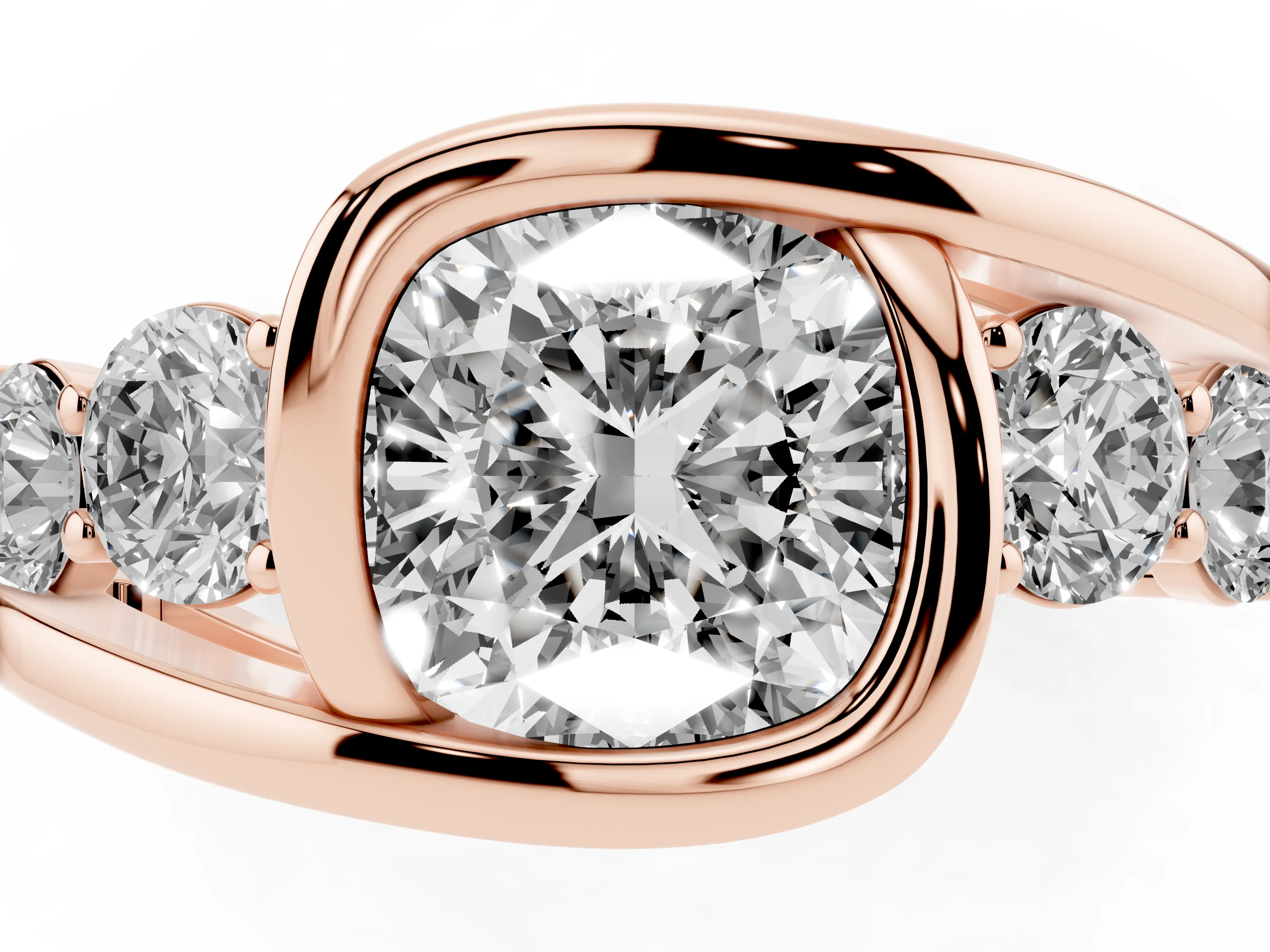 Cushion Cut Diamond Bezel Bypass Ring Set in Rose gold with Round Accents