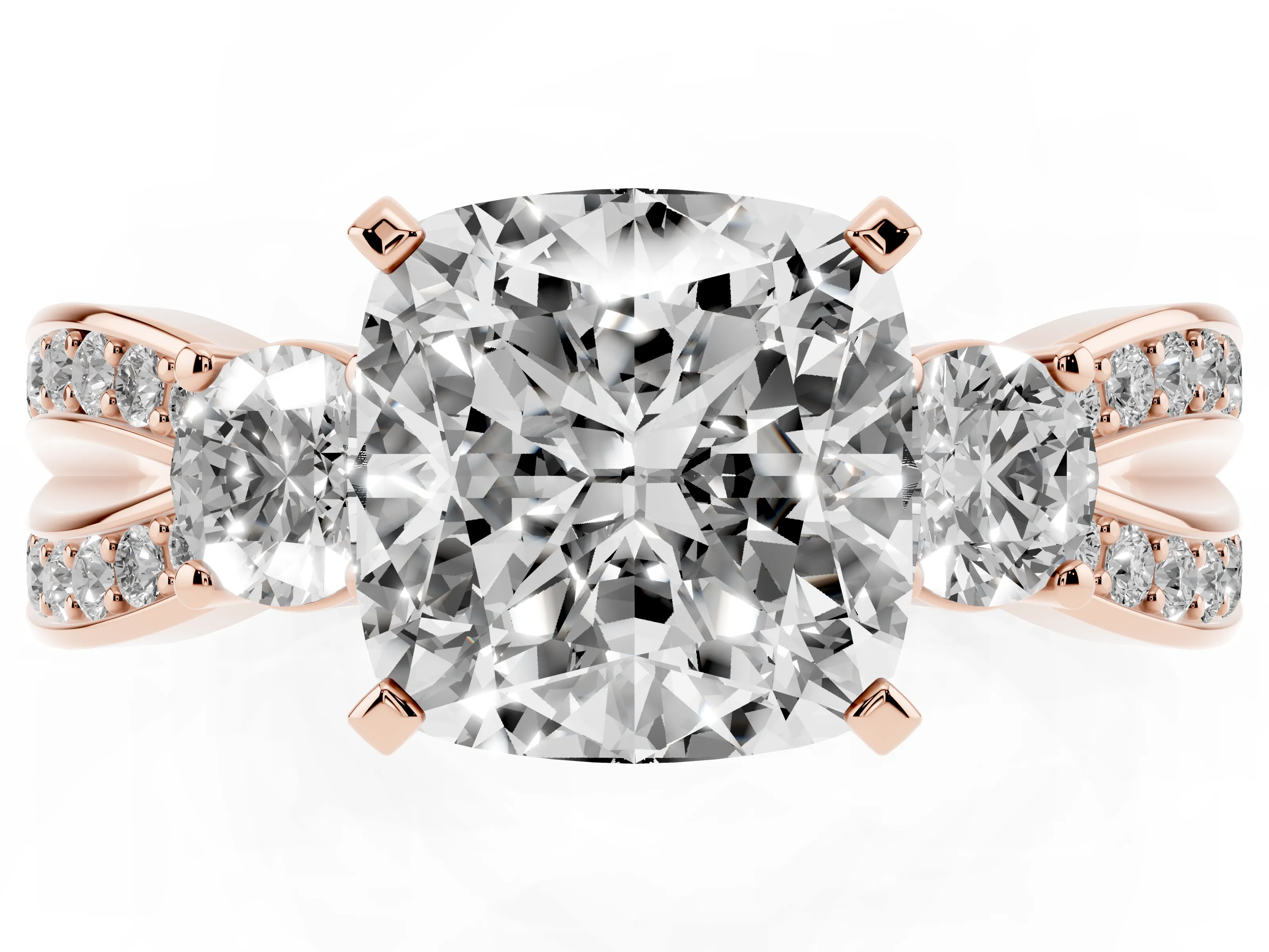 Three-Stone Cushion Cut Diamond Twist Band Ring Set in Rose gold with Pavé Accents and Prong Setting