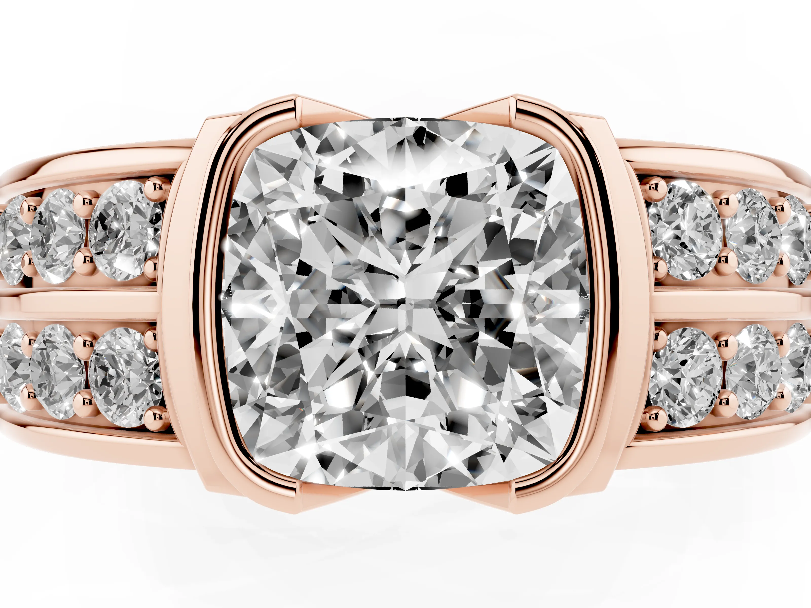 Cushion Cut Diamond Wide Channel Set Band Ring Set in Rose gold with Bezel Setting