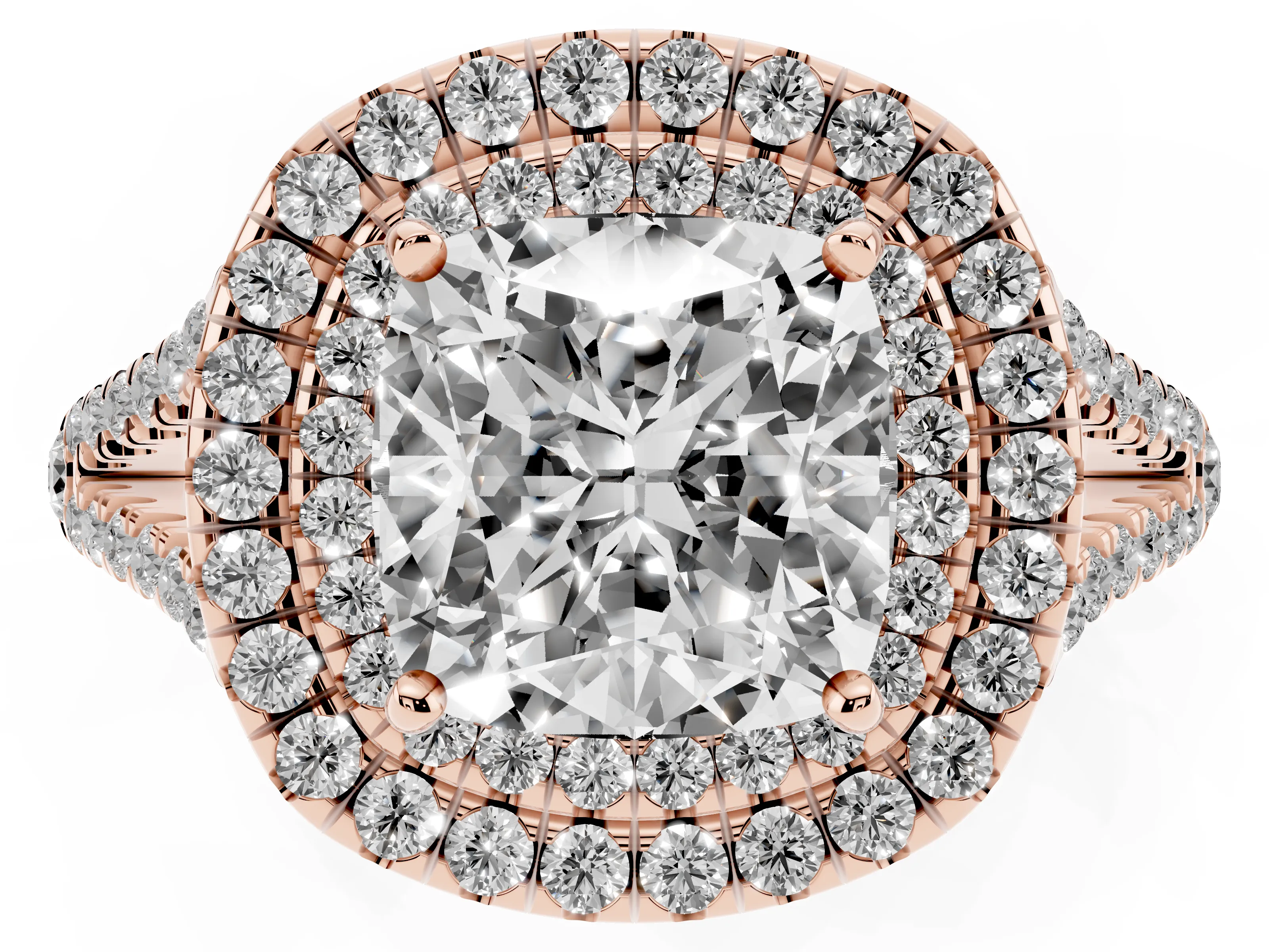 Cushion Cut Diamond Double Halo Ring Set in Rose gold with Pavé Band