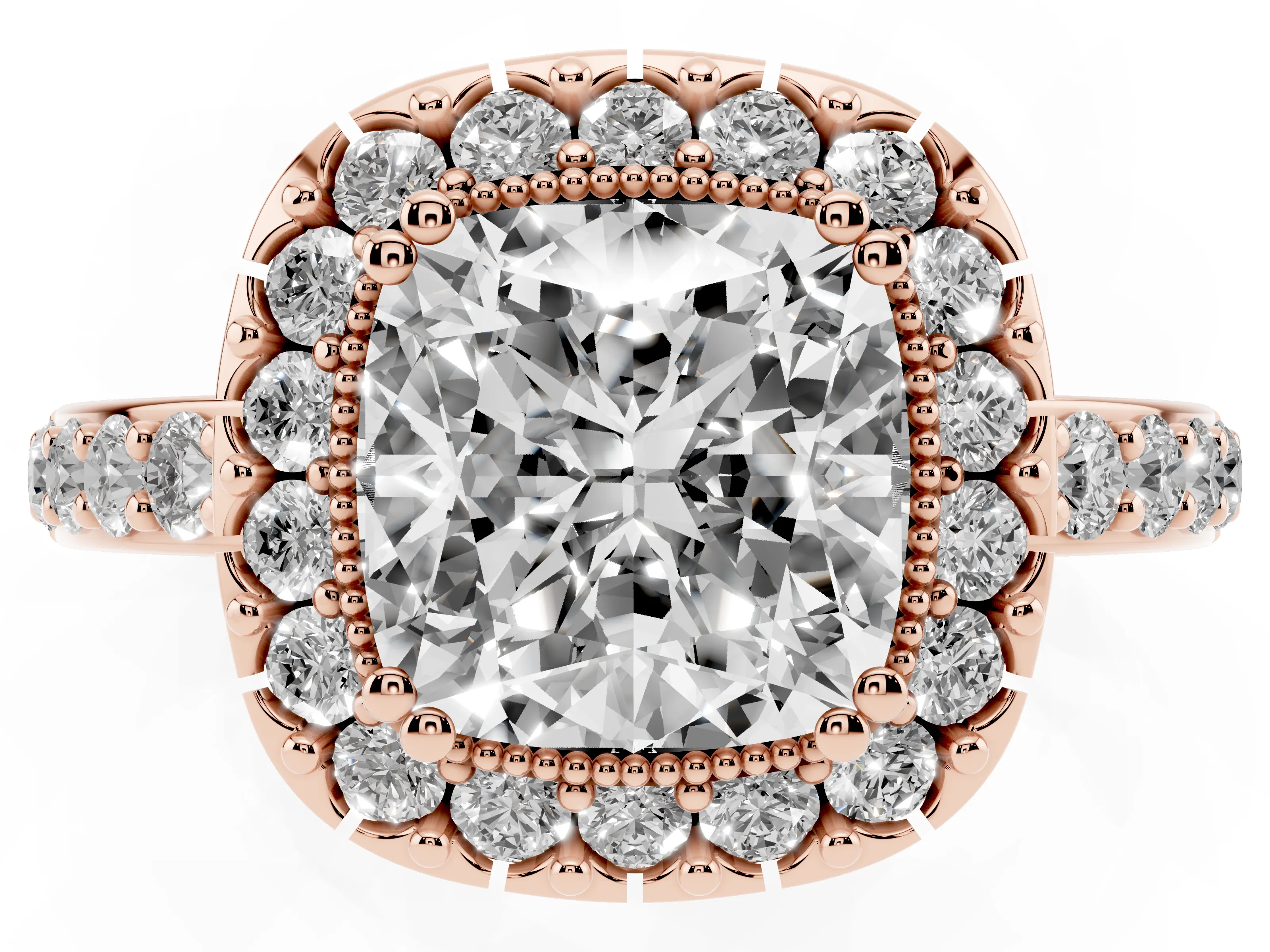 Cushion Cut Diamond Halo Ring Set in Rose gold with Pavé Shank and Prong Setting