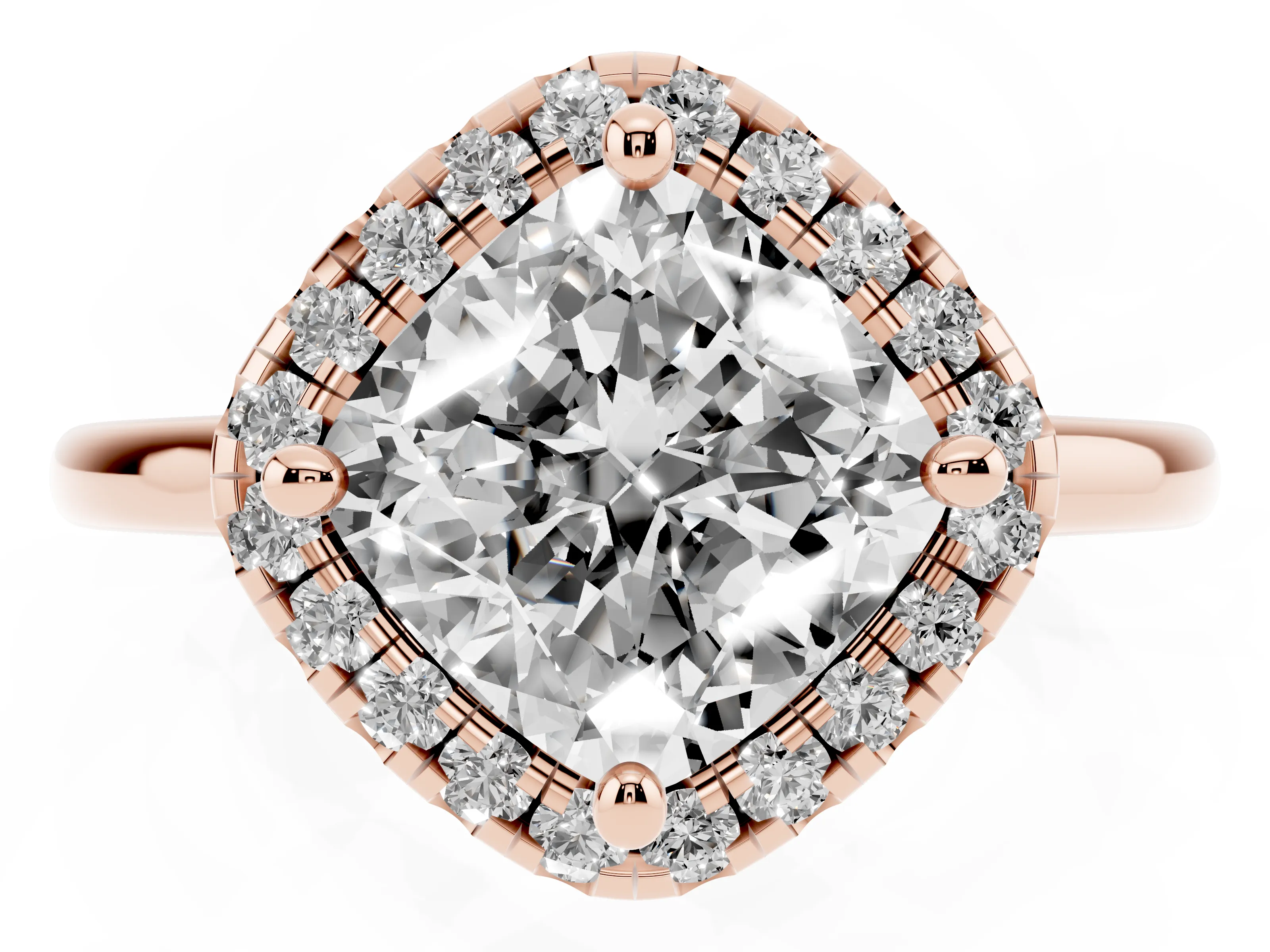 Cushion Cut Diamond Halo Engagement Ring Set in Rose gold with Pavé Band and Rising Shoulders