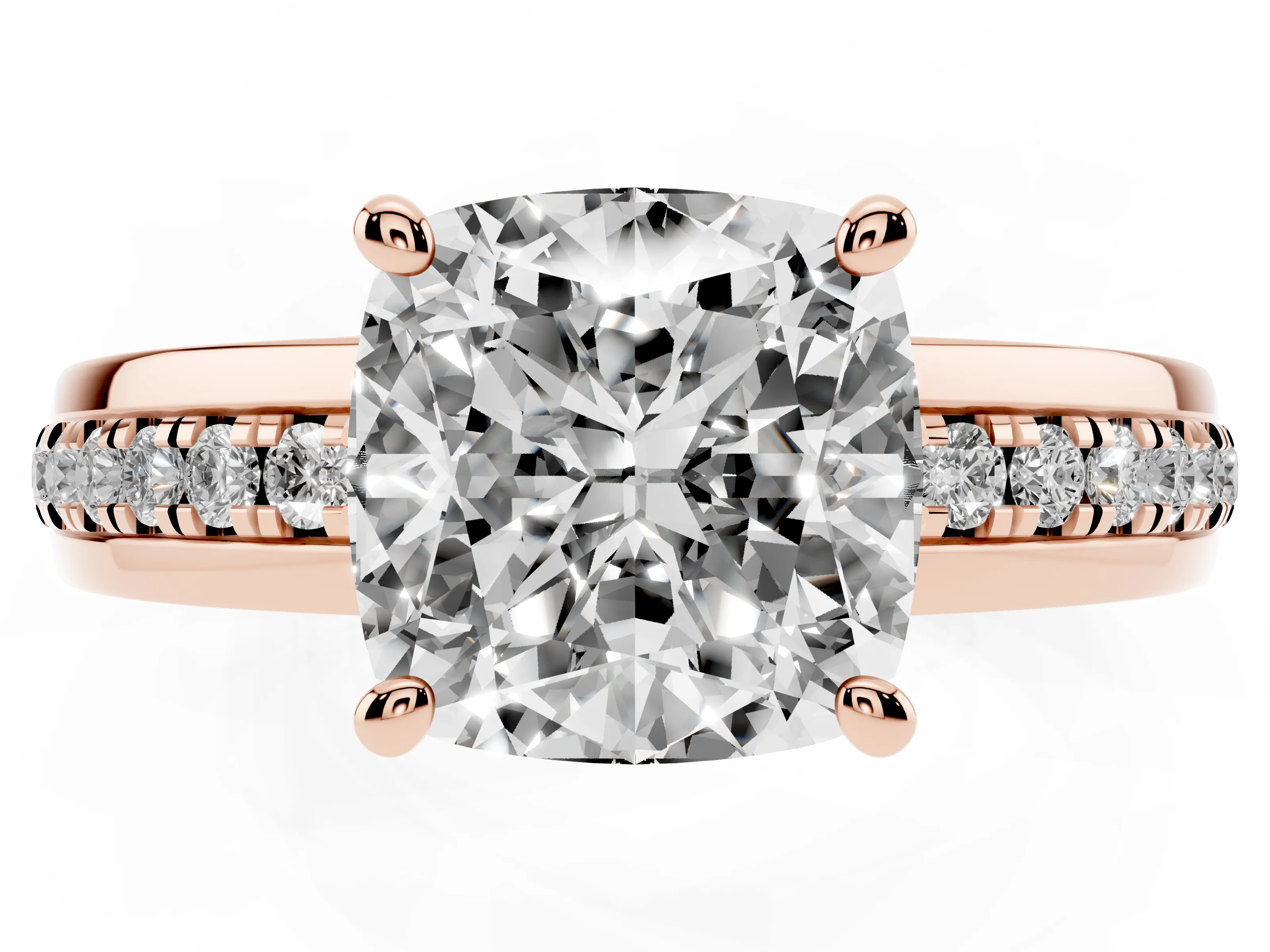 Cushion Cut Diamond Solitaire Ring Set in Rose gold with Channel Set Band and Prong Setting