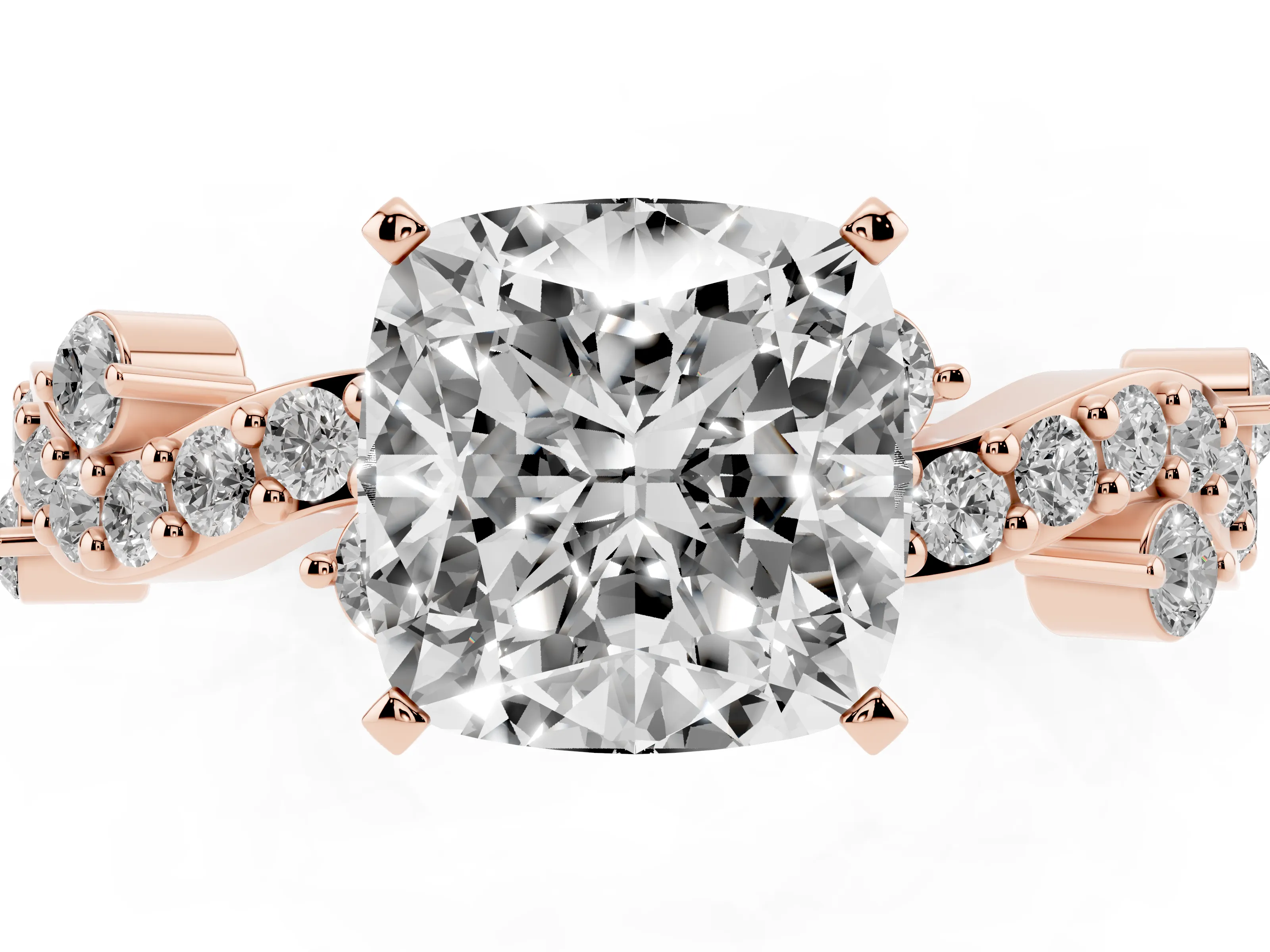 Cushion Cut Diamond Solitaire Twisted Band Set in Rose gold with Pavé Setting