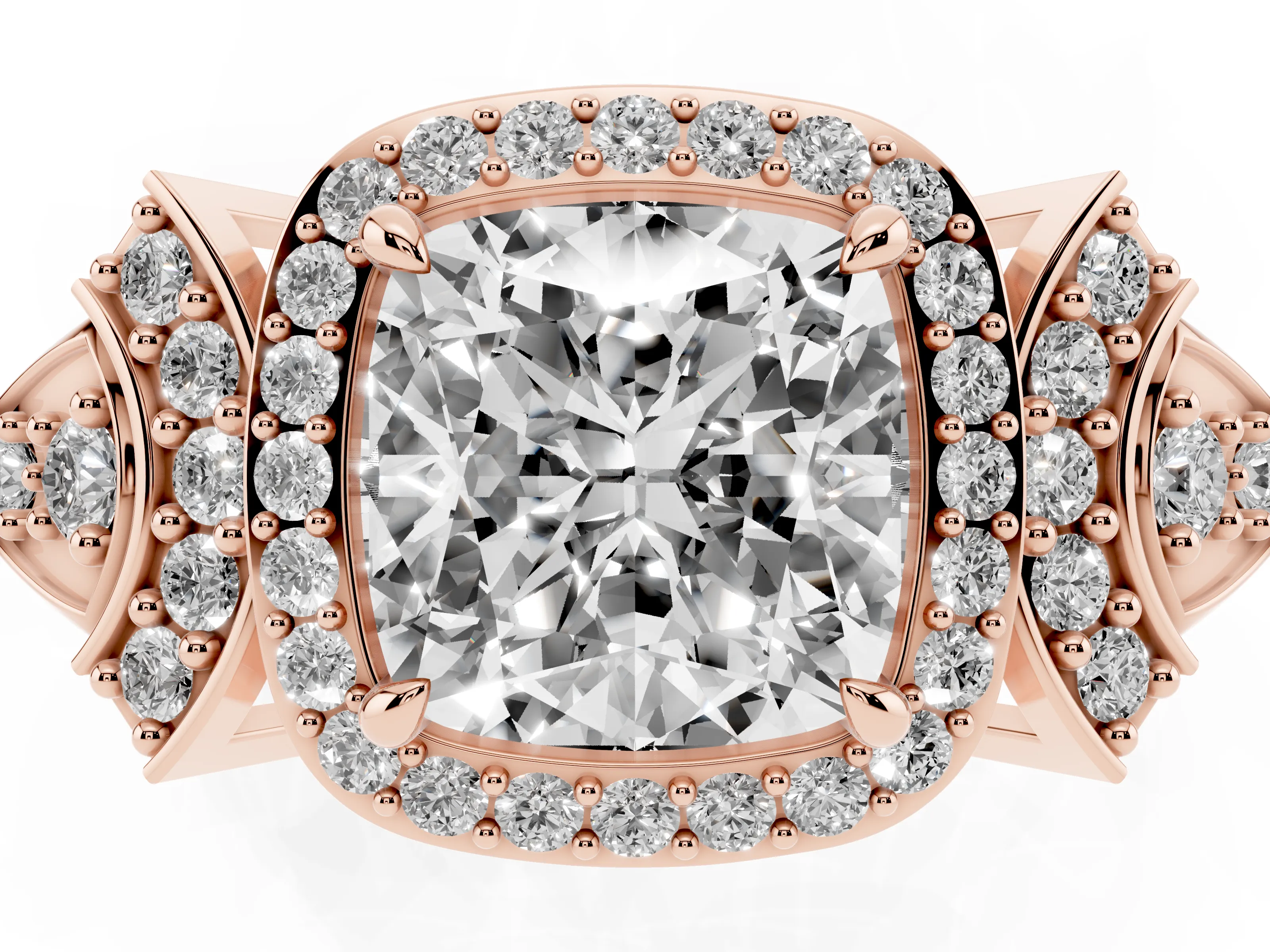 Cushion Cut Diamond Halo Engagement Ring Set in Rose gold with Accent Stone Split Shank
