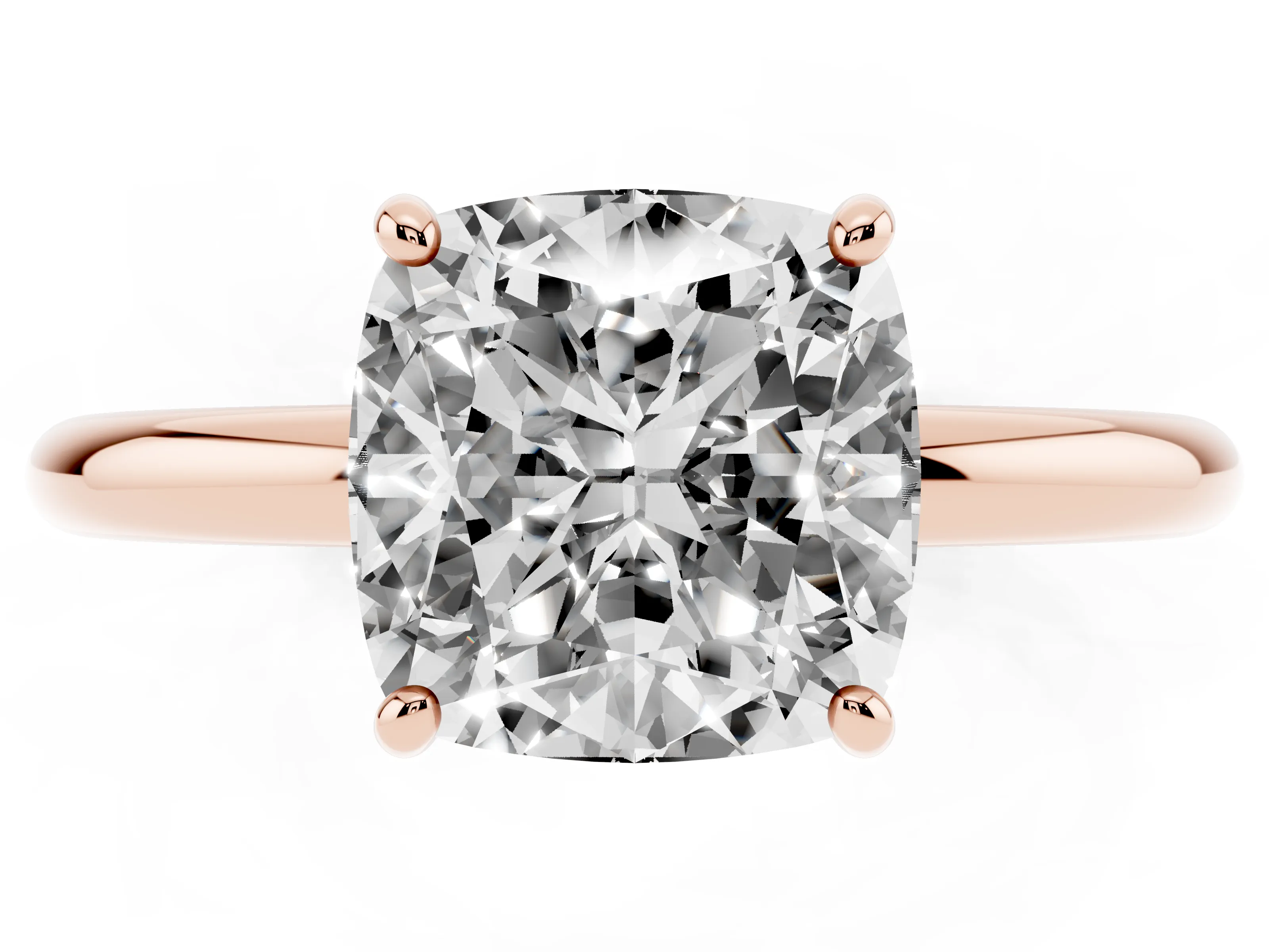 Cushion Cut Diamond Solitaire Ring Set in Rose gold with Prong Setting on a Polished Plain Band