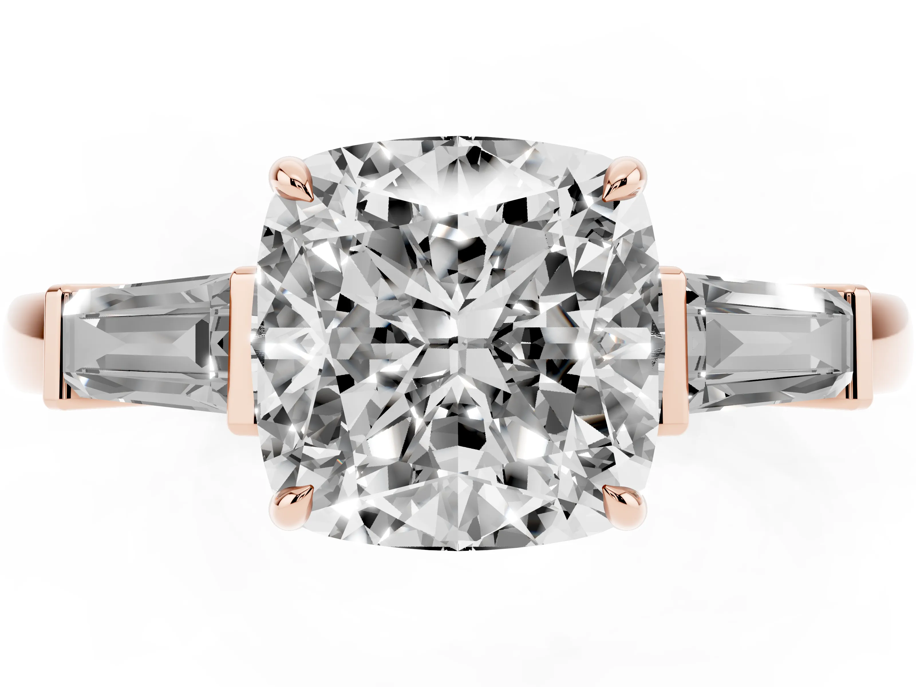 Cushion Cut Diamond Three-Stone Ring Set in Rose gold with Tapered Baguette Side Stones and Prong Setting