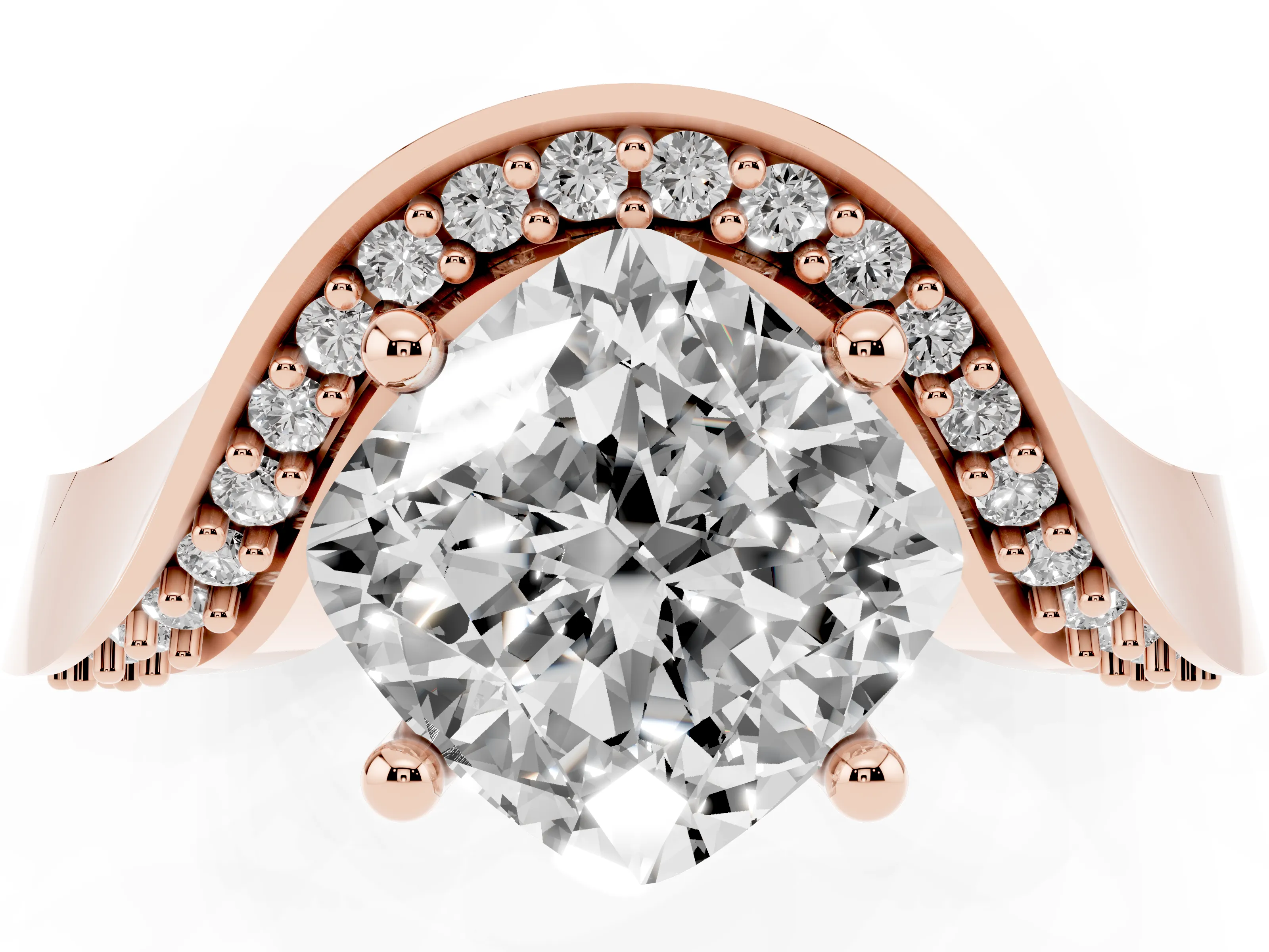 Cushion Cut Diamond Solitaire Engagement Ring Set in Rose gold with Pavé Shoulders