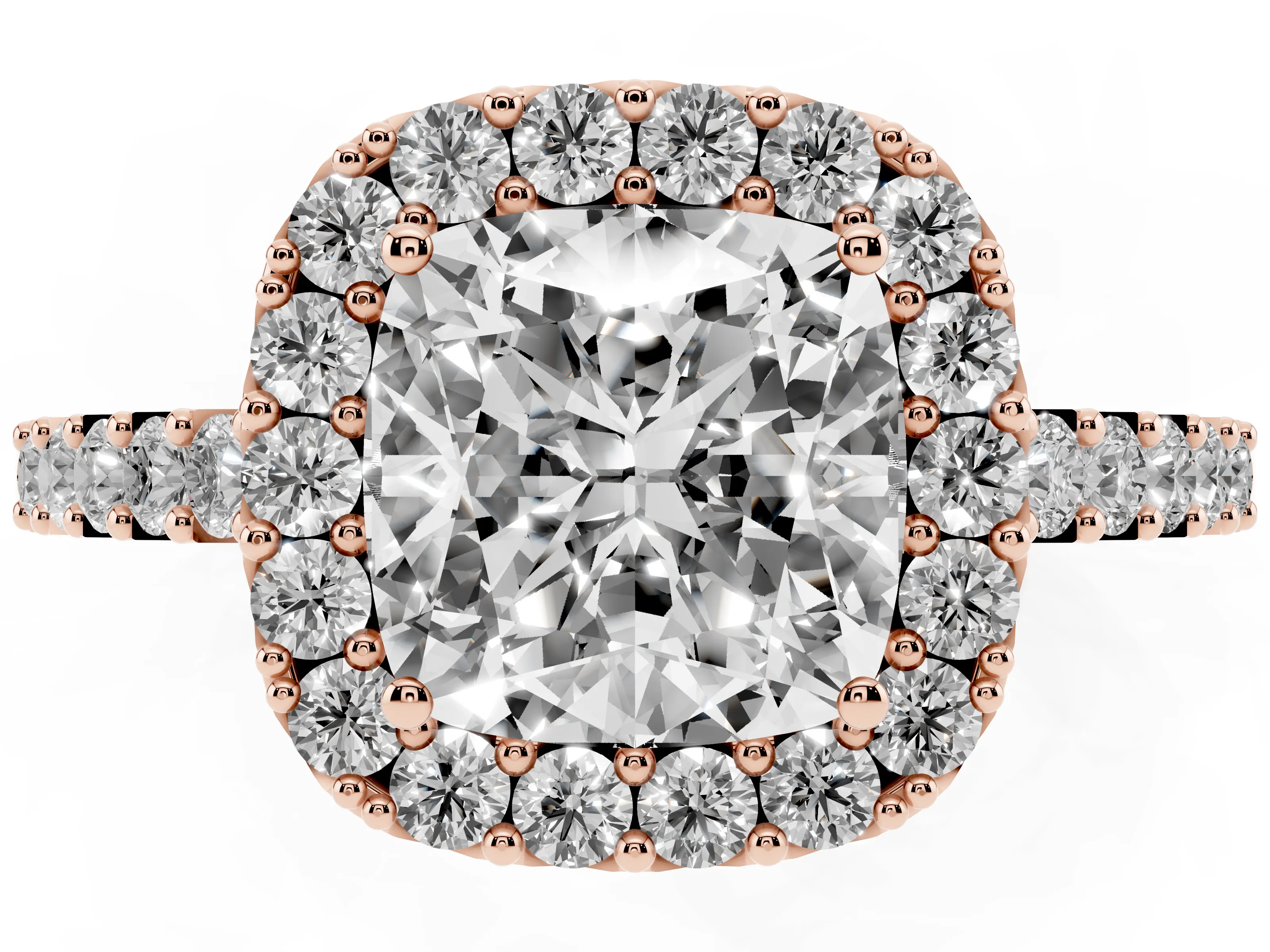 Cushion Cut Diamond Halo Pavé Solitaire Ring Set in Rose gold with Prong-Set Center Stone