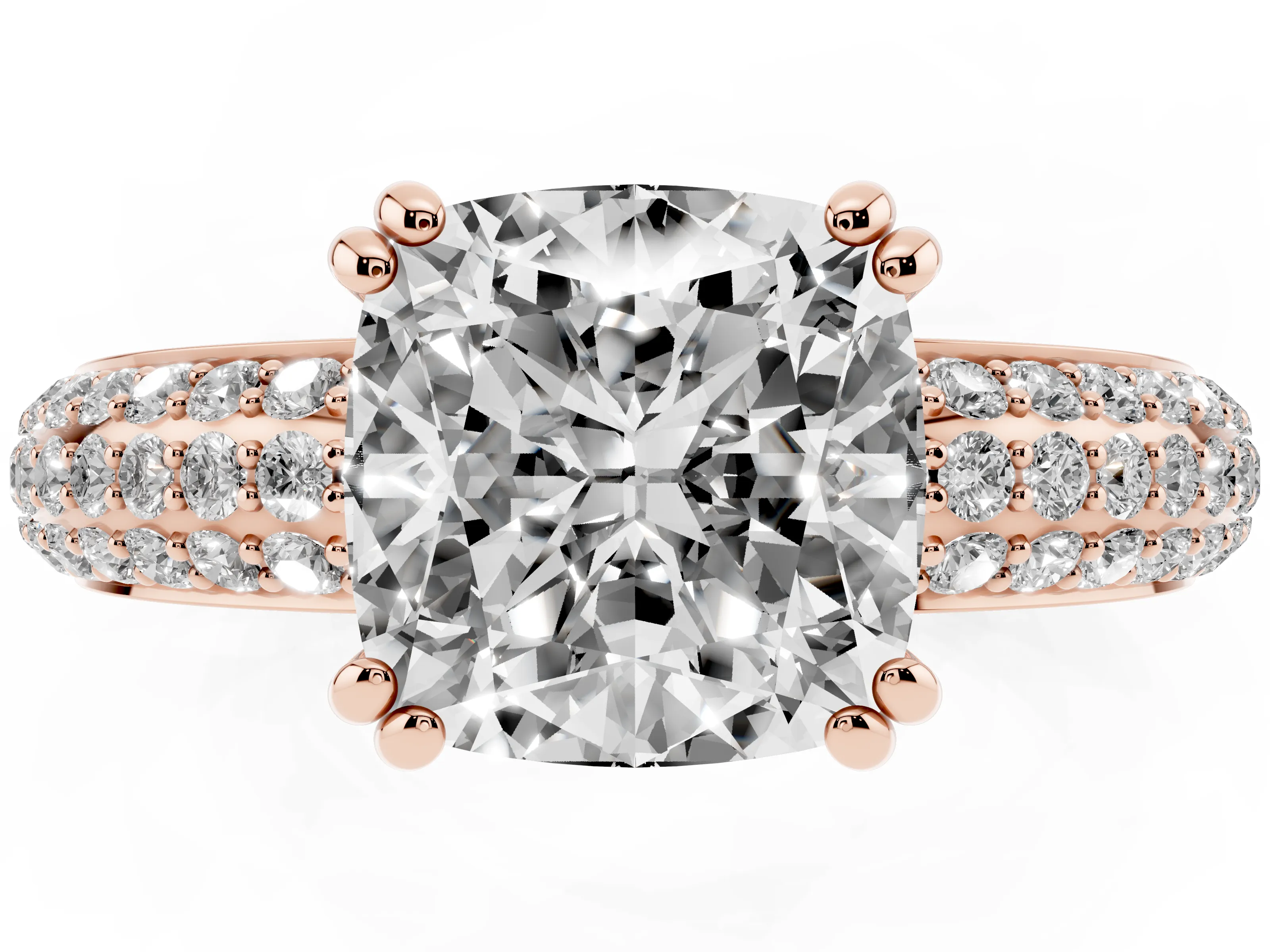 Cushion Cut Diamond Solitaire Ring Set in Rose gold with Multi-Row Round Pavé Band and Prong Setting