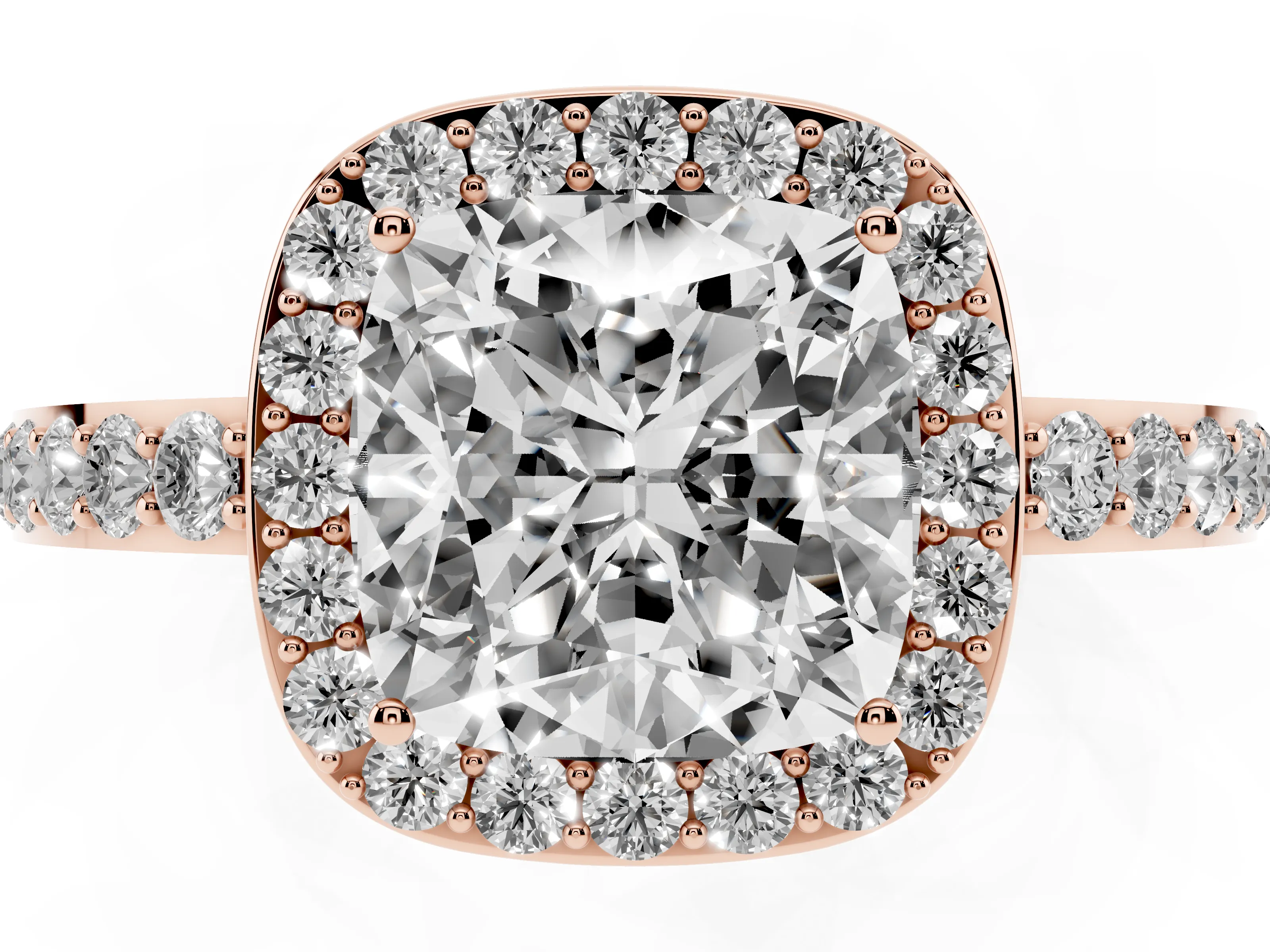 Cushion Cut Diamond Halo Ring Set in Rose gold with Pavé-Setting Band and Open Prong Center