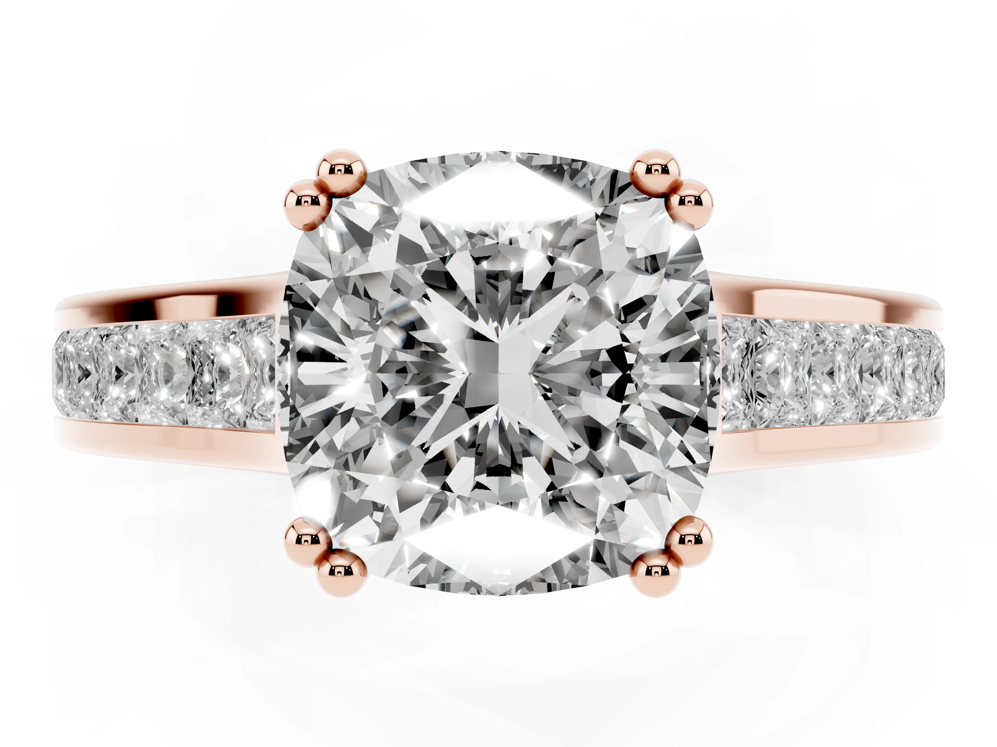 Cushion Cut Diamond Channel Set Solitaire Engagement Ring Set in Rose gold with Prong Setting