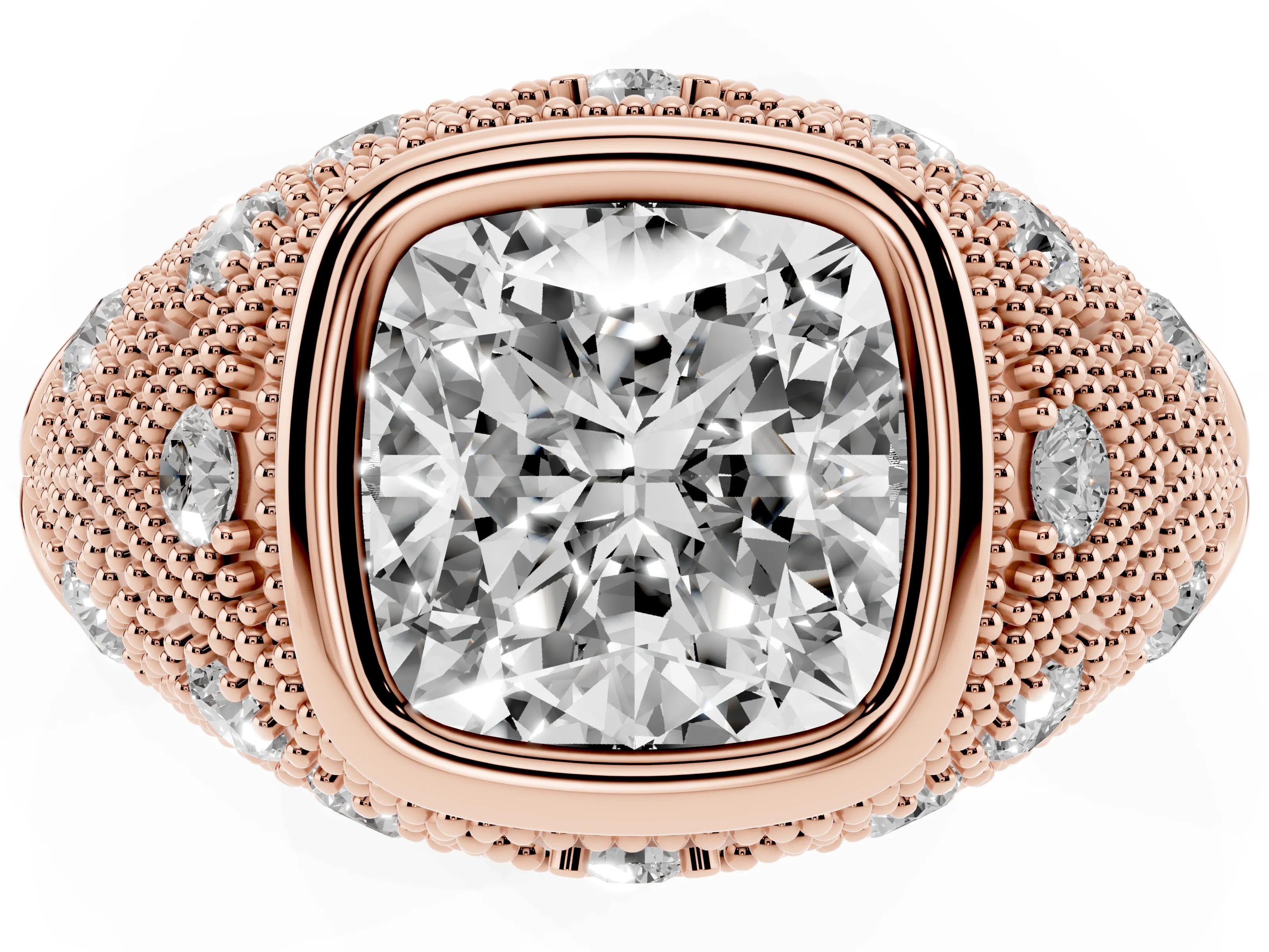 Cushion Cut Diamond Bezel Ring Set in Rose gold with Milgrain Accent Band