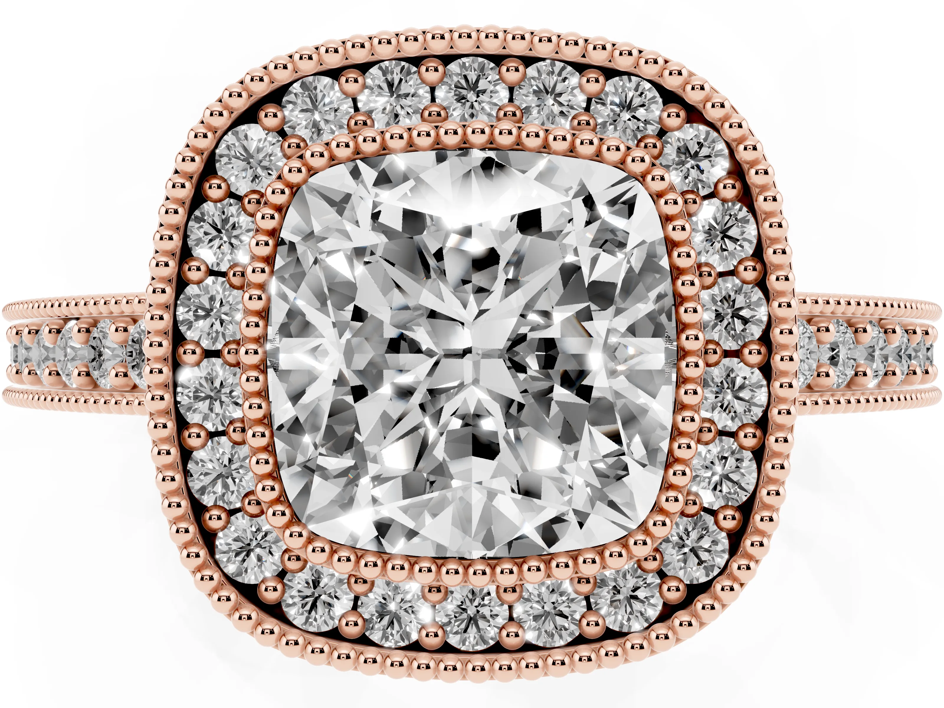 Cushion Cut Diamond Halo Engagement Ring Set in Rose gold with Pavé Band and Round Halo Stones