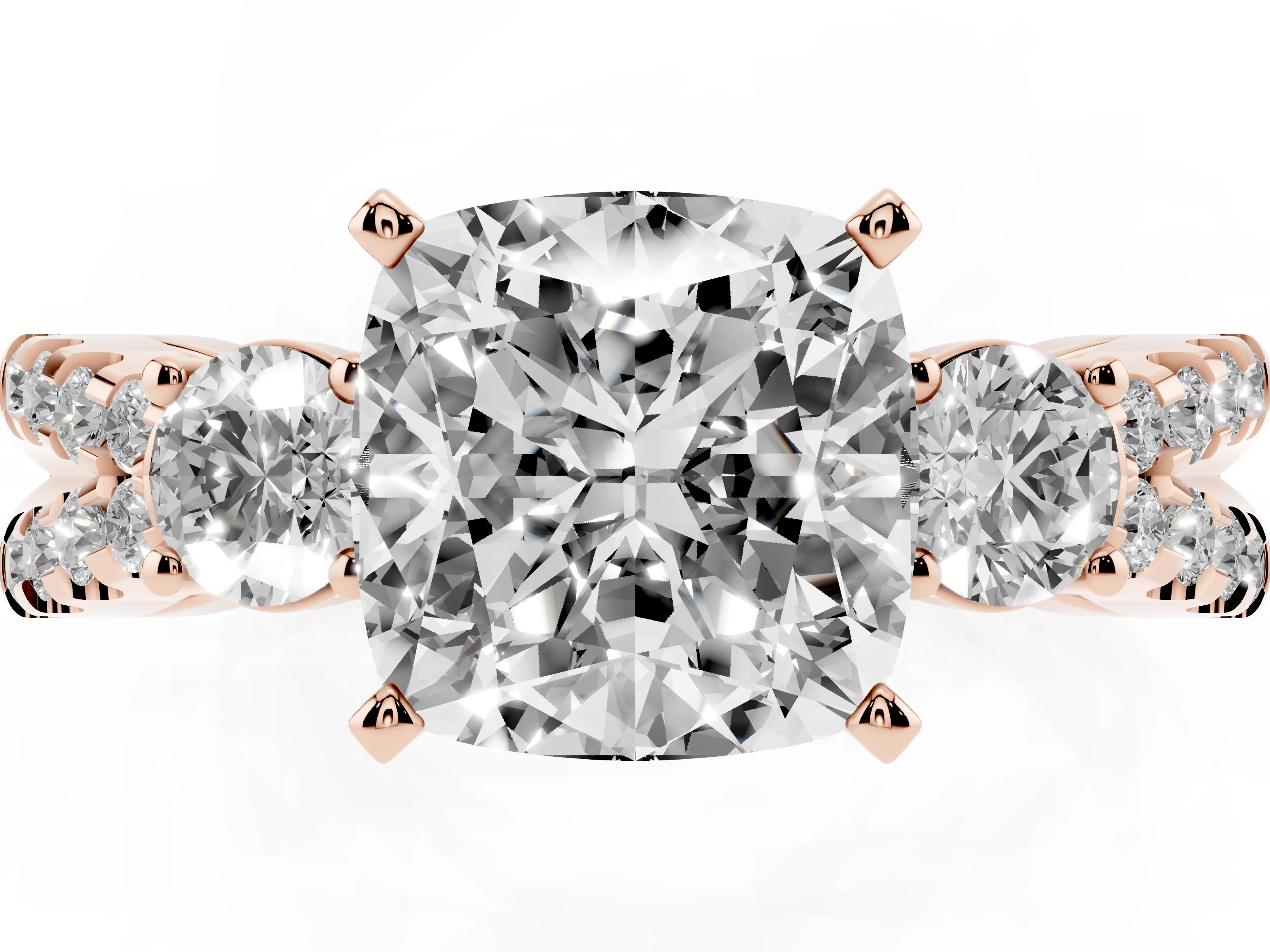 Cushion Cut Diamond Three-Stone Ring Set in Rose gold with Pavé Split Shank and Prong Setting