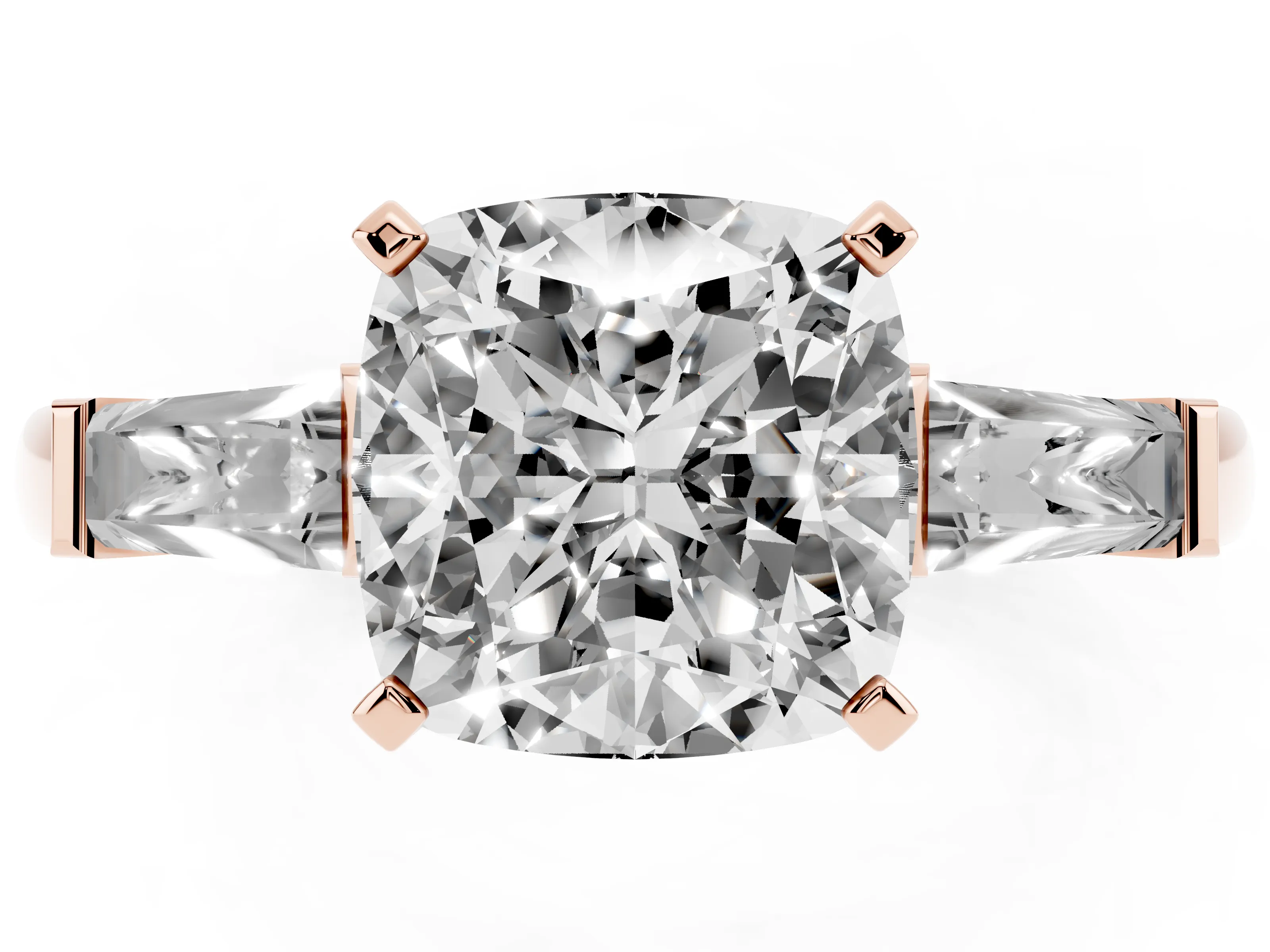 Cushion Cut Diamond Solitaire Ring Set in Rose gold with Tapered Baguette Side Stones and Prong Setting