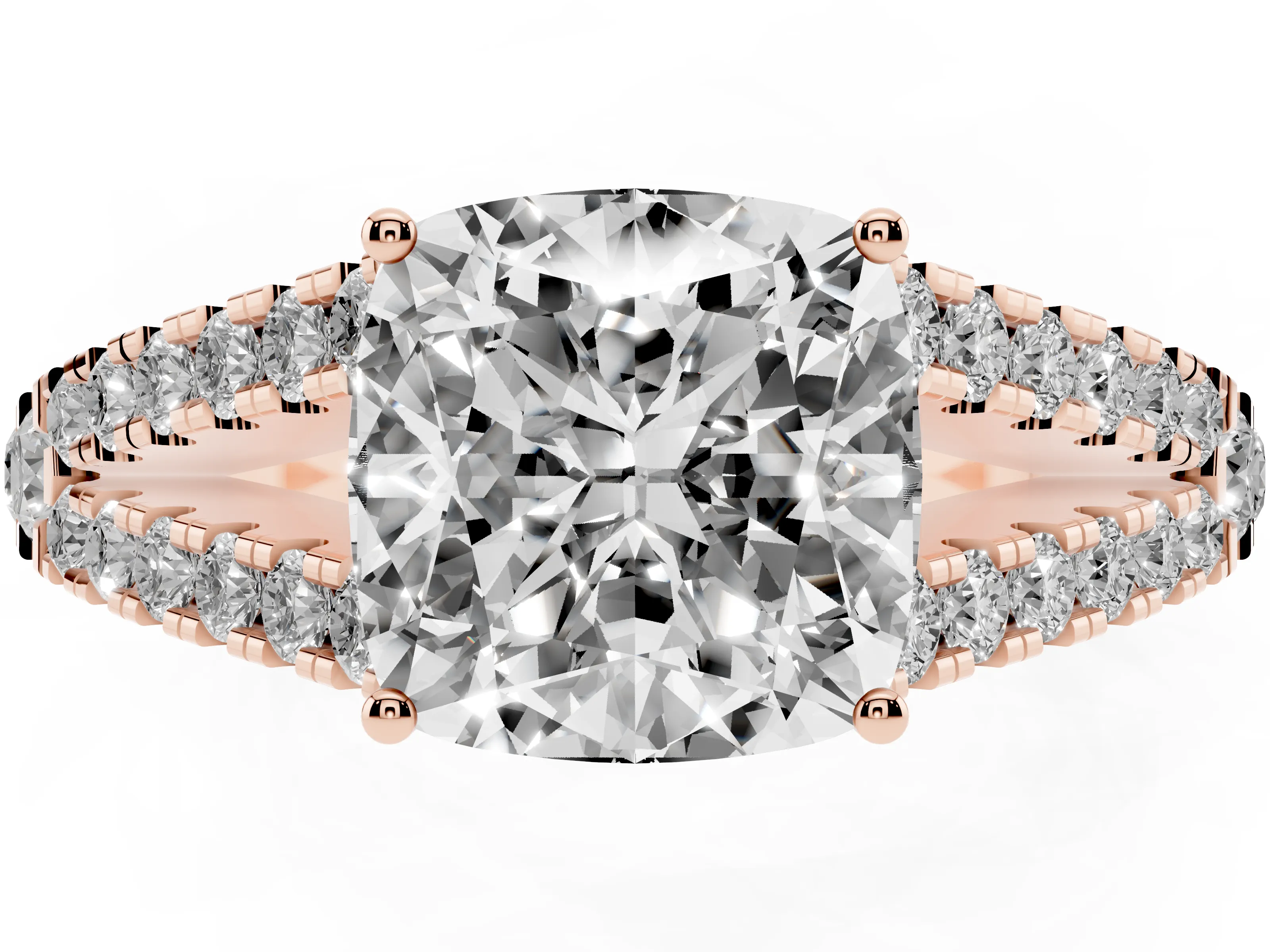 Cushion Cut Diamond Split Shank Pavé Engagement Ring Set in Rose gold with Prong-Held Center Stone