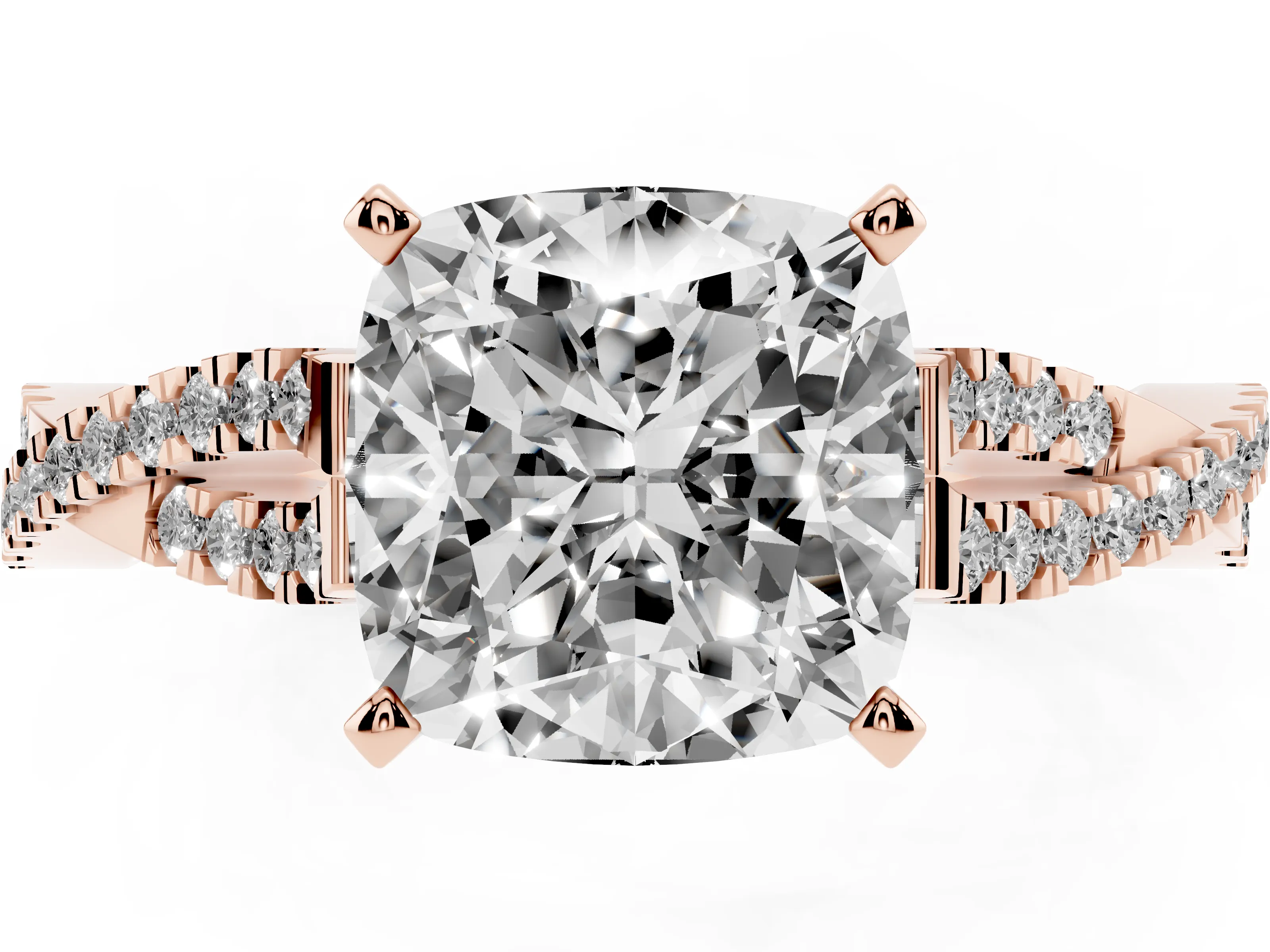 Cushion Cut Diamond Solitaire Engagement Ring Set in Rose gold with Twisted Pavé Band and Prong Setting