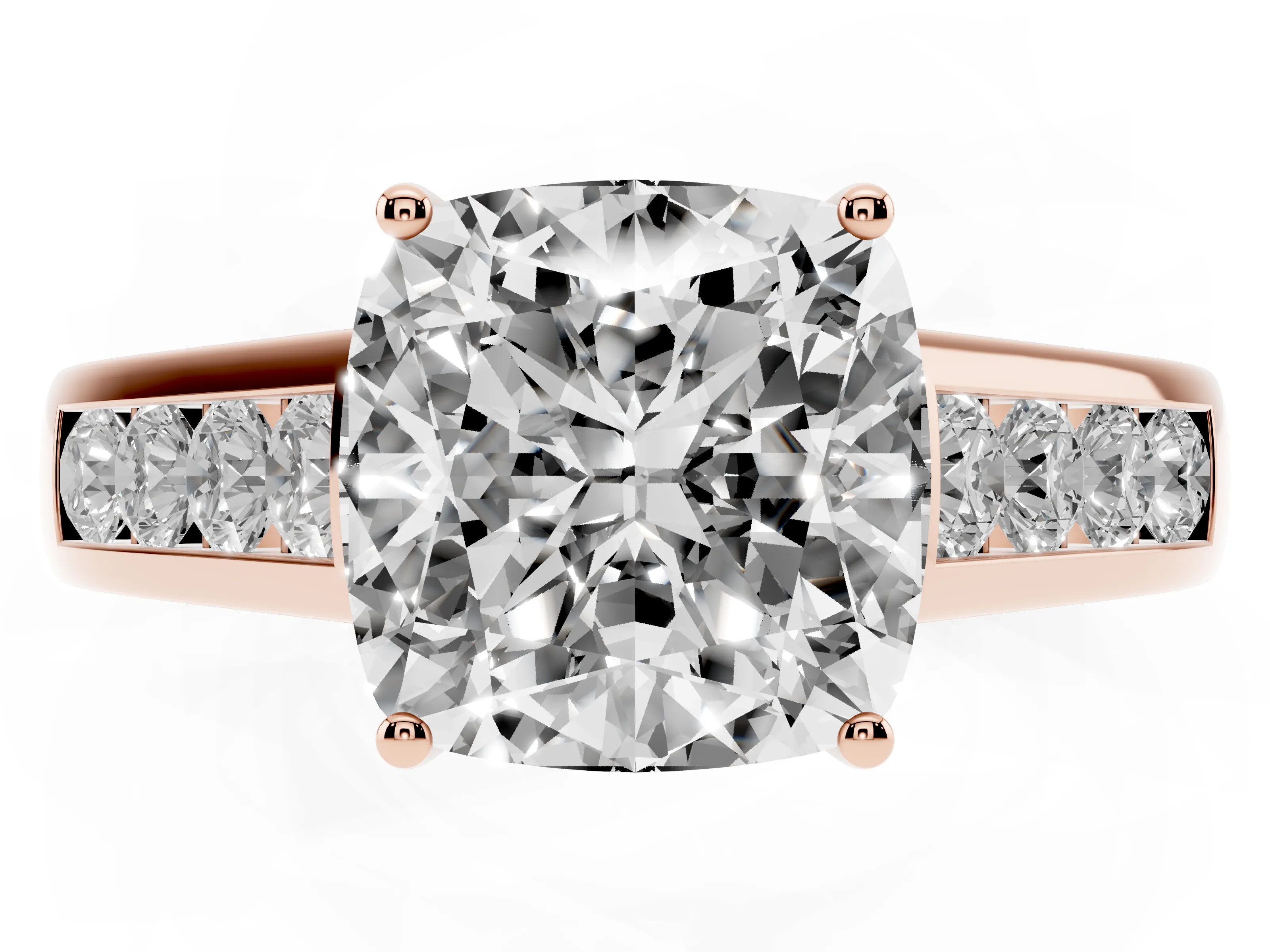 Cushion Cut Diamond Brilliant Channel-Set Solitaire Ring Set in Rose gold with Prong Setting