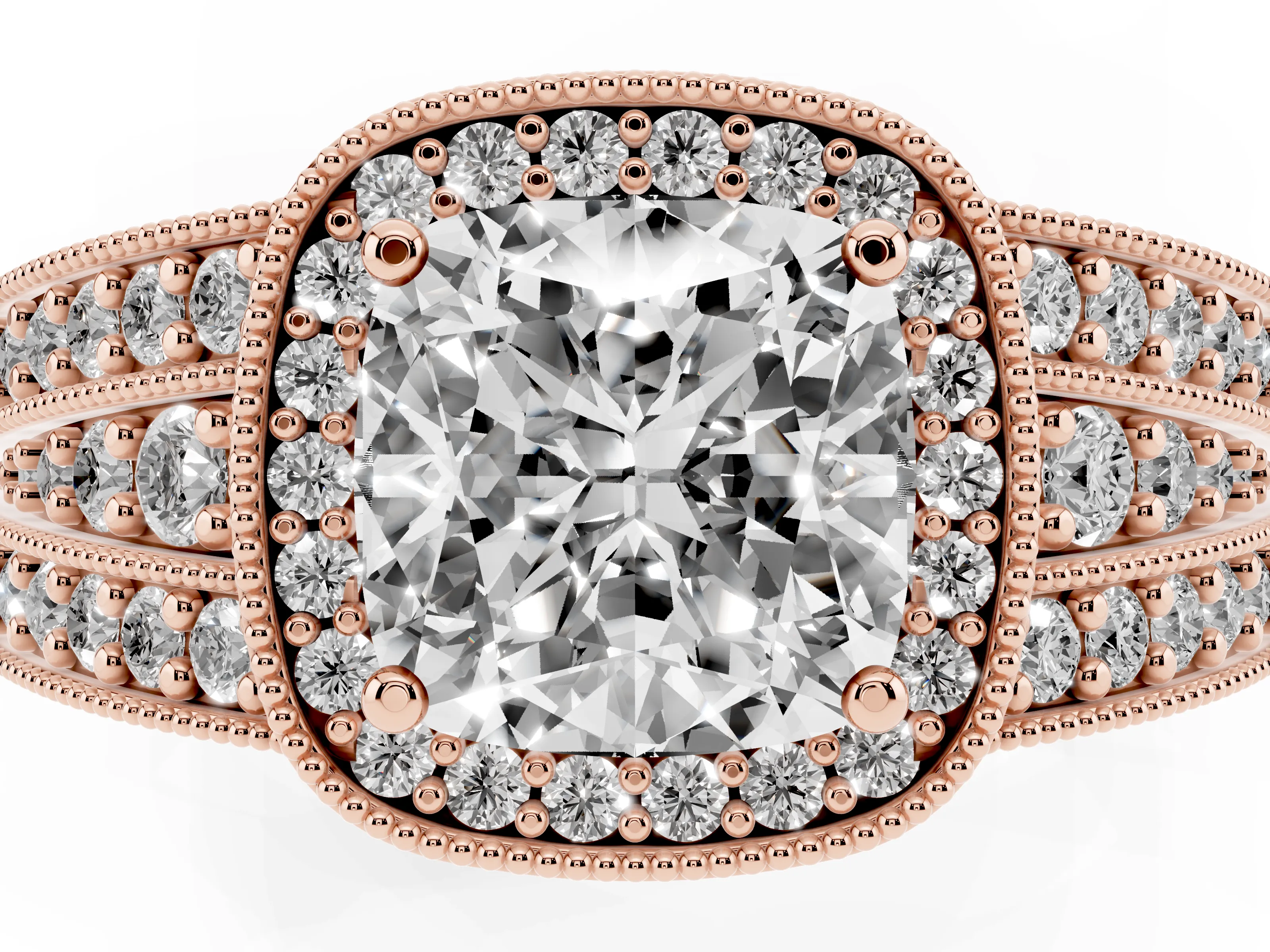 Cushion Cut Diamond Halo Ring Set in Rose gold with Accent Split Shank and Prong Setting