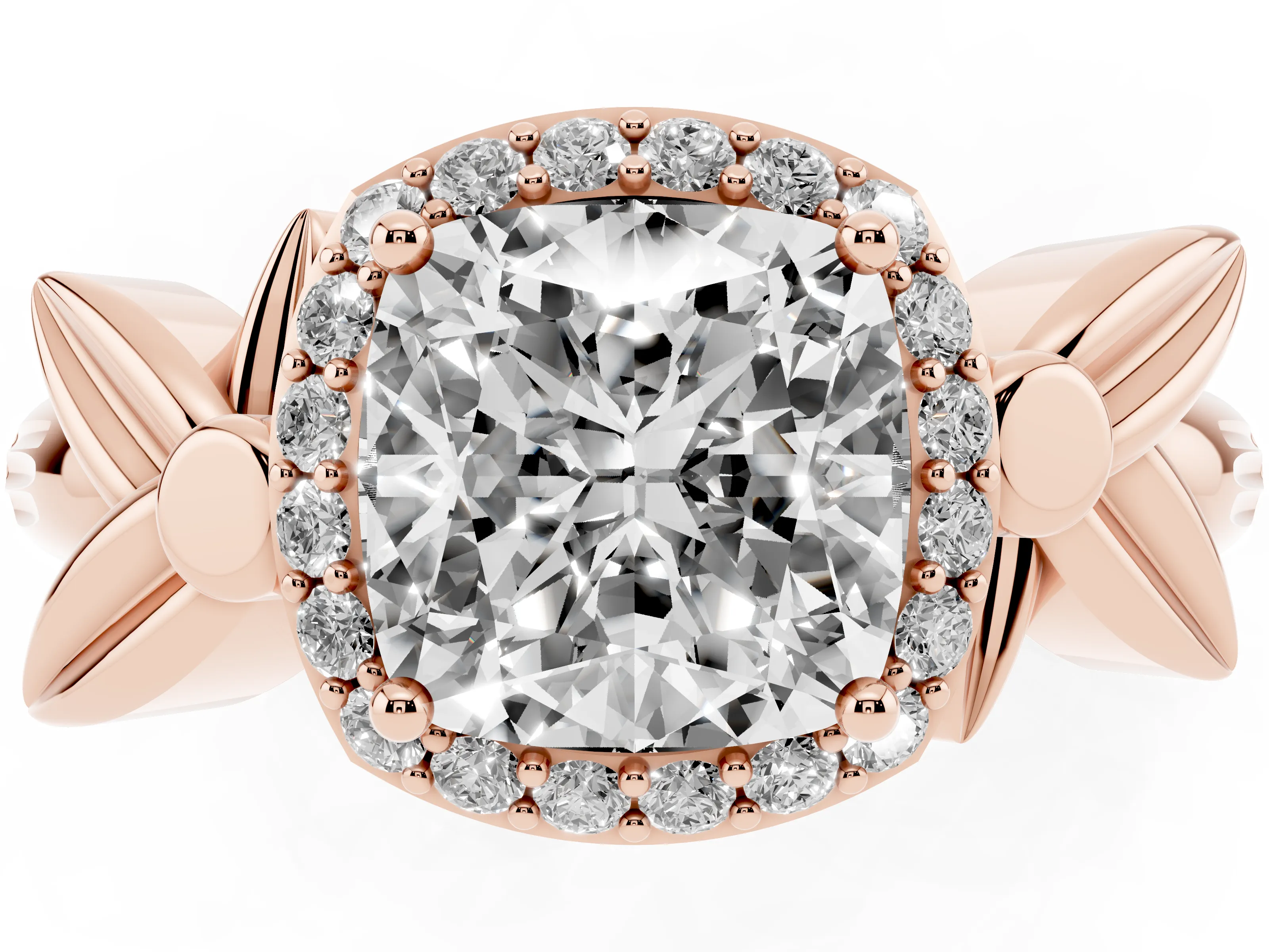Cushion Cut Diamond Halo Floral Band Ring Set in Rose gold with Prong Setting