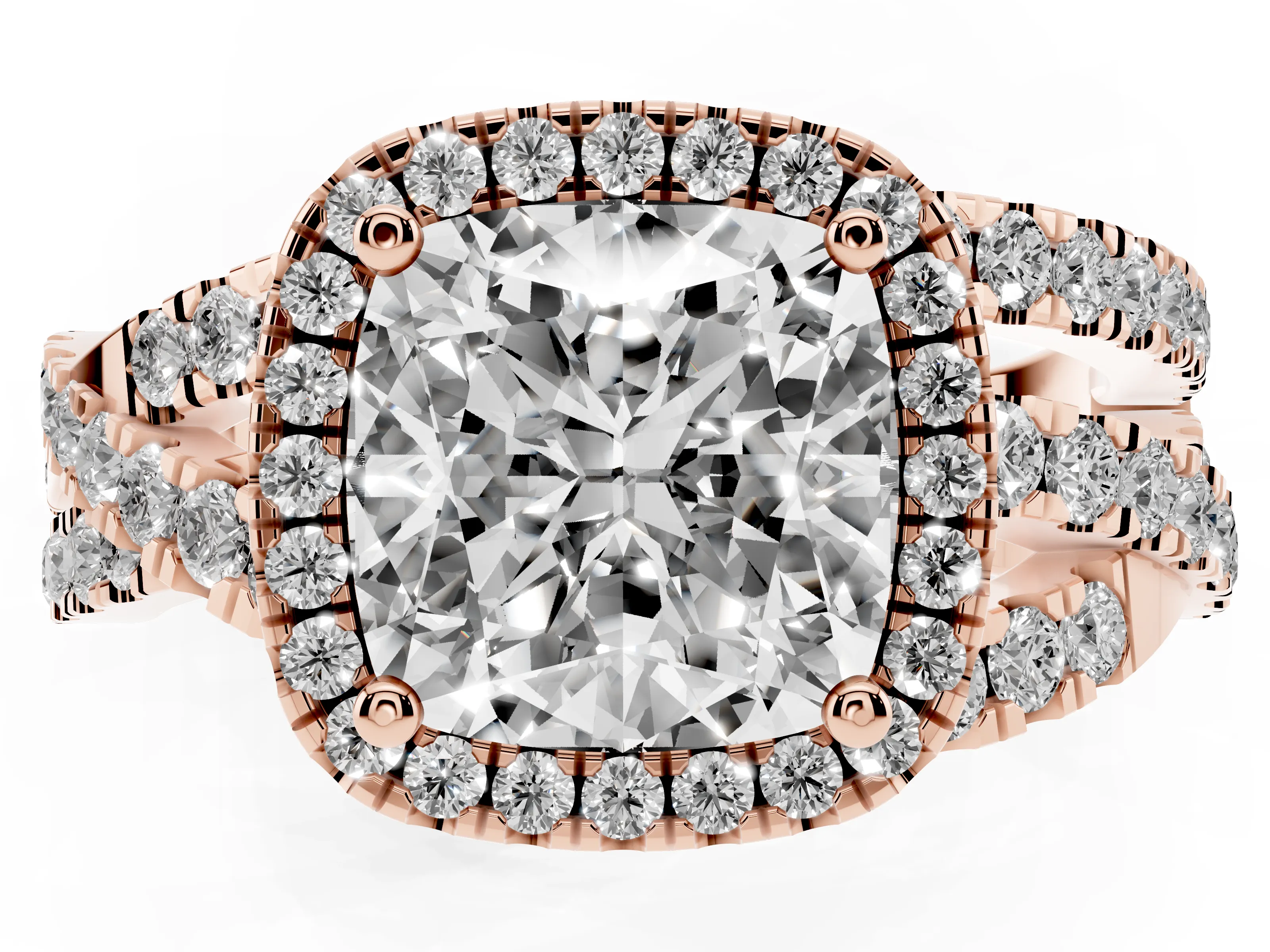 Cushion Cut Diamond Halo Ring Set in Rose gold with Round Crossover Split Shank and Prong Setting