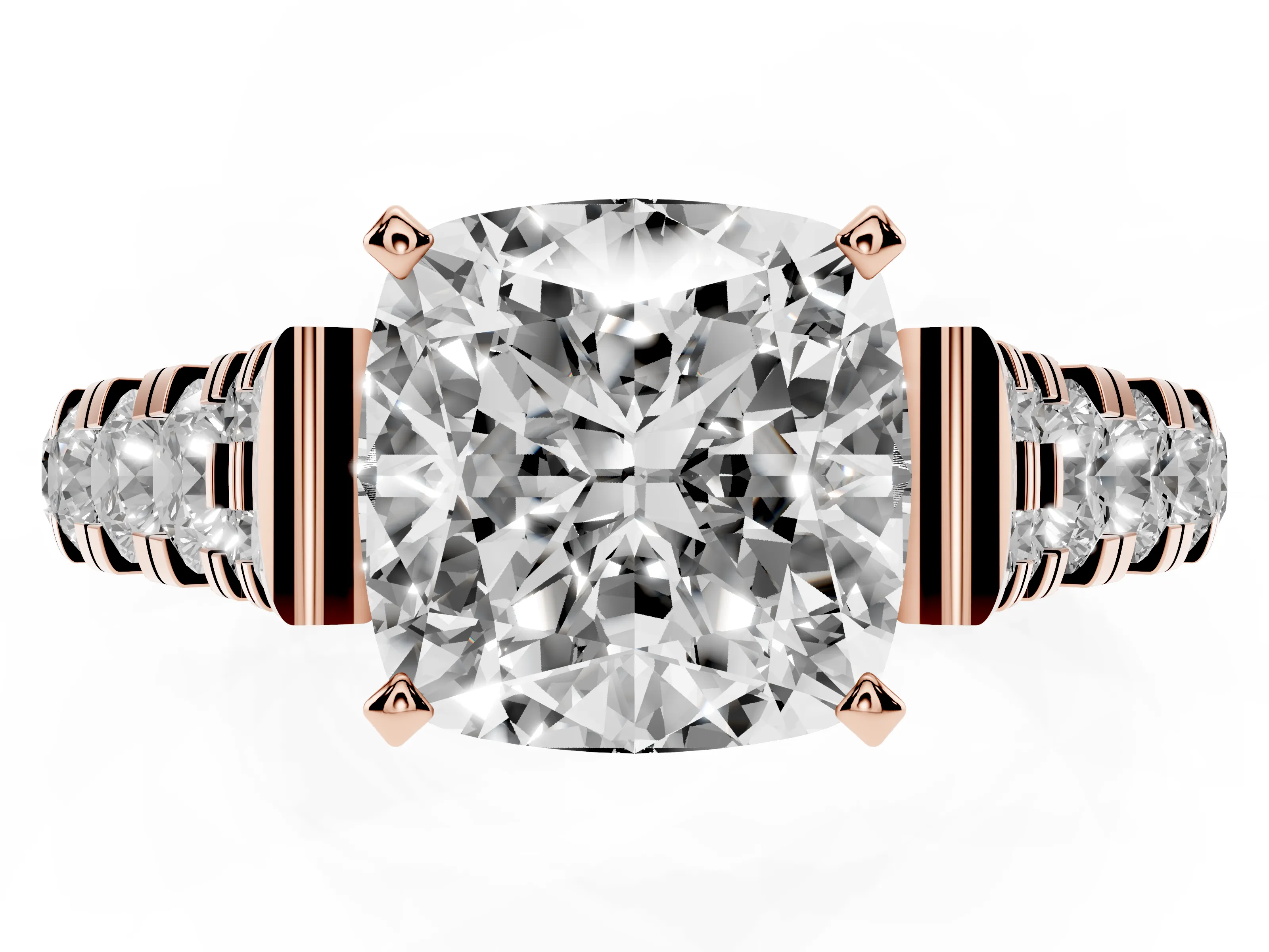 Cushion Cut Diamond Classic Solitaire Ring Set in Rose gold with Pavé Band and Prong Setting