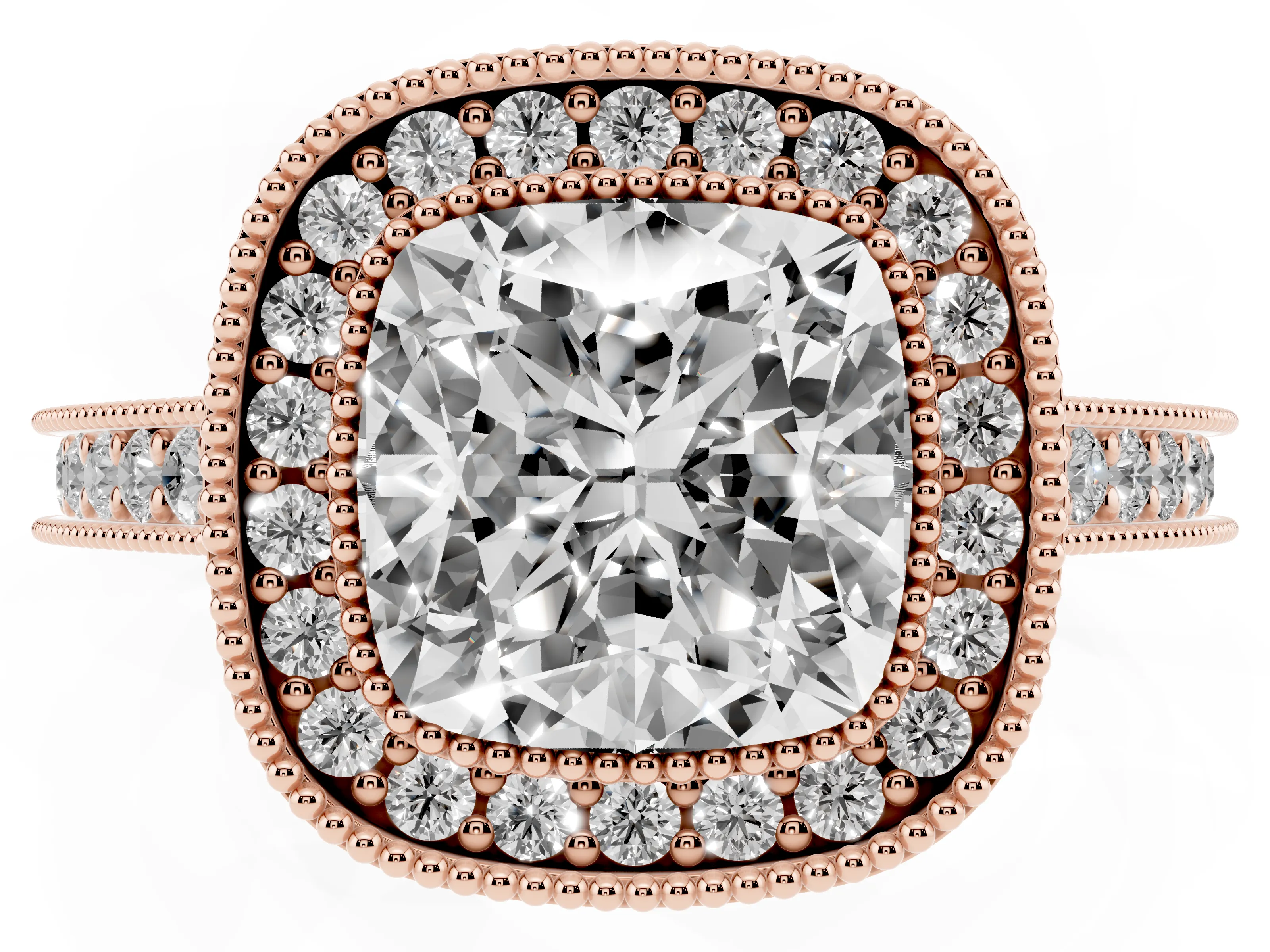 Cushion Cut Diamond Halo Milgrain Pavé Band Ring Set in Rose gold with Prong Setting