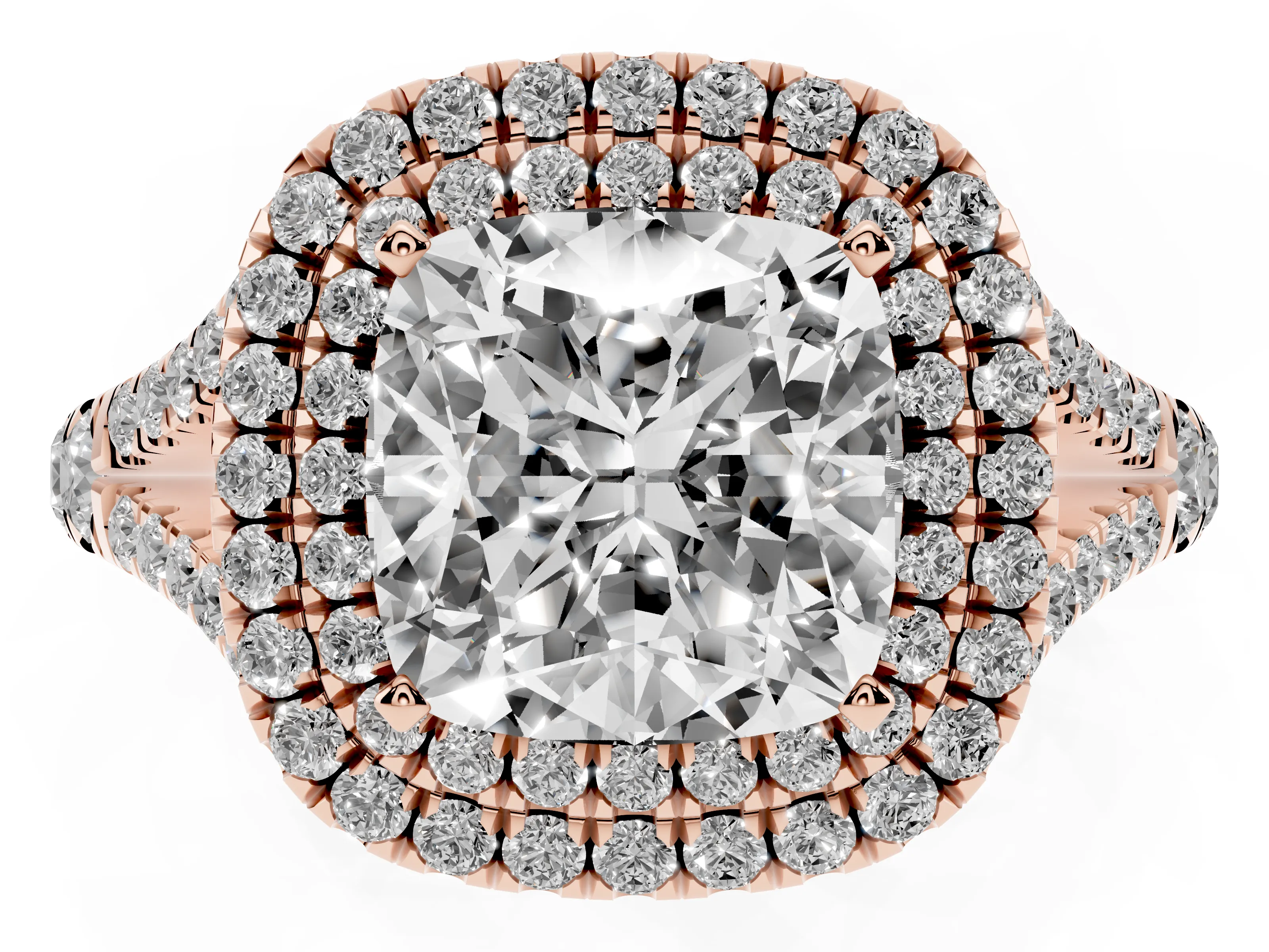 Cushion Cut Diamond Pavé Split Shank Double Halo Engagement Ring Set in Rose gold