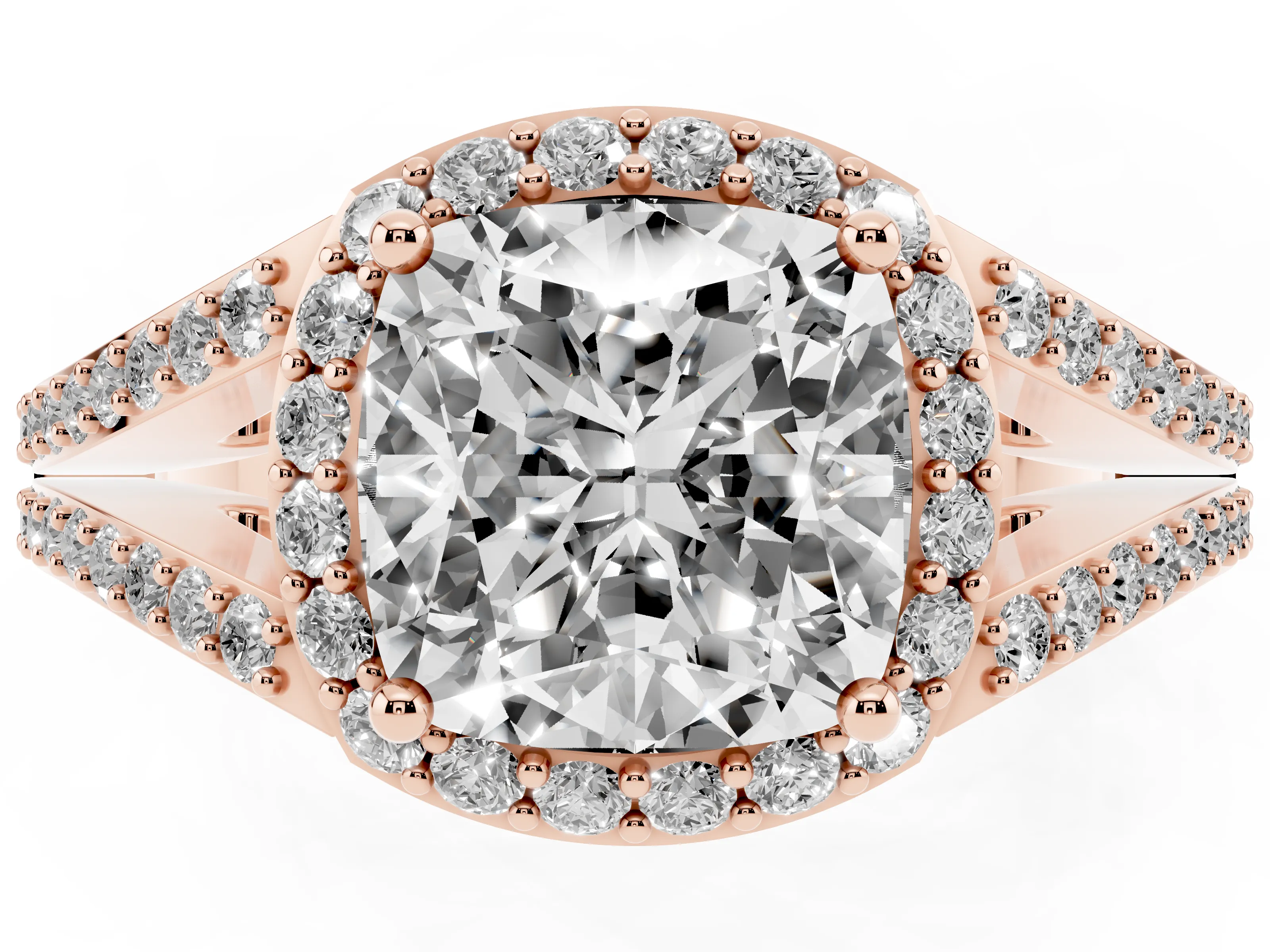 Cushion Cut Diamond Halo Split Shank Ring Set in Rose gold with Accent Stones and Prong Setting