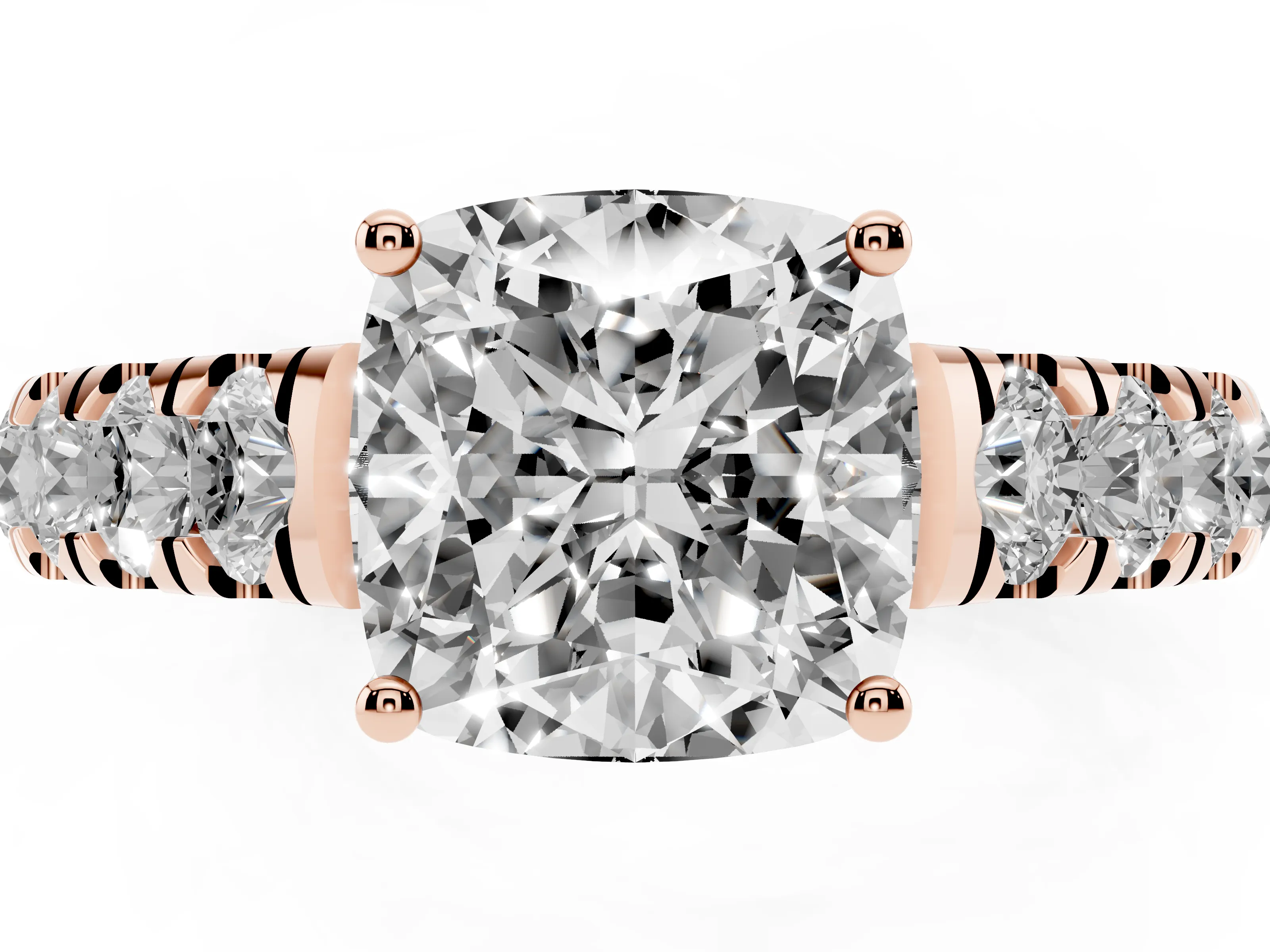 Cushion Cut Diamond Solitaire Ring Set in Rose gold with Cut-Down Micro Pavé Band and Prong Setting
