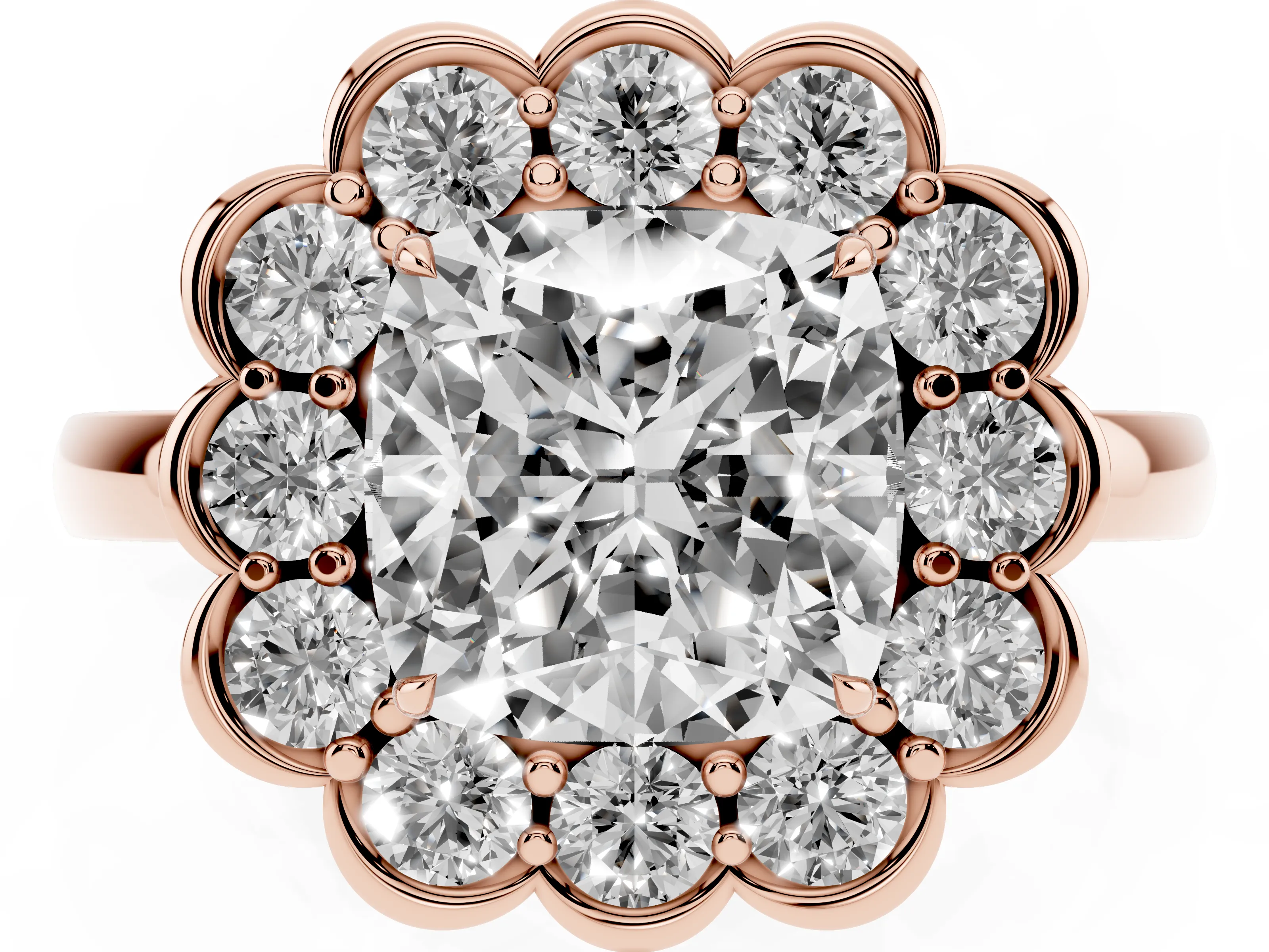 Cushion Cut Diamond Halo Cluster Engagement Ring Set in Rose gold with Solitaire Band and Prong Setting