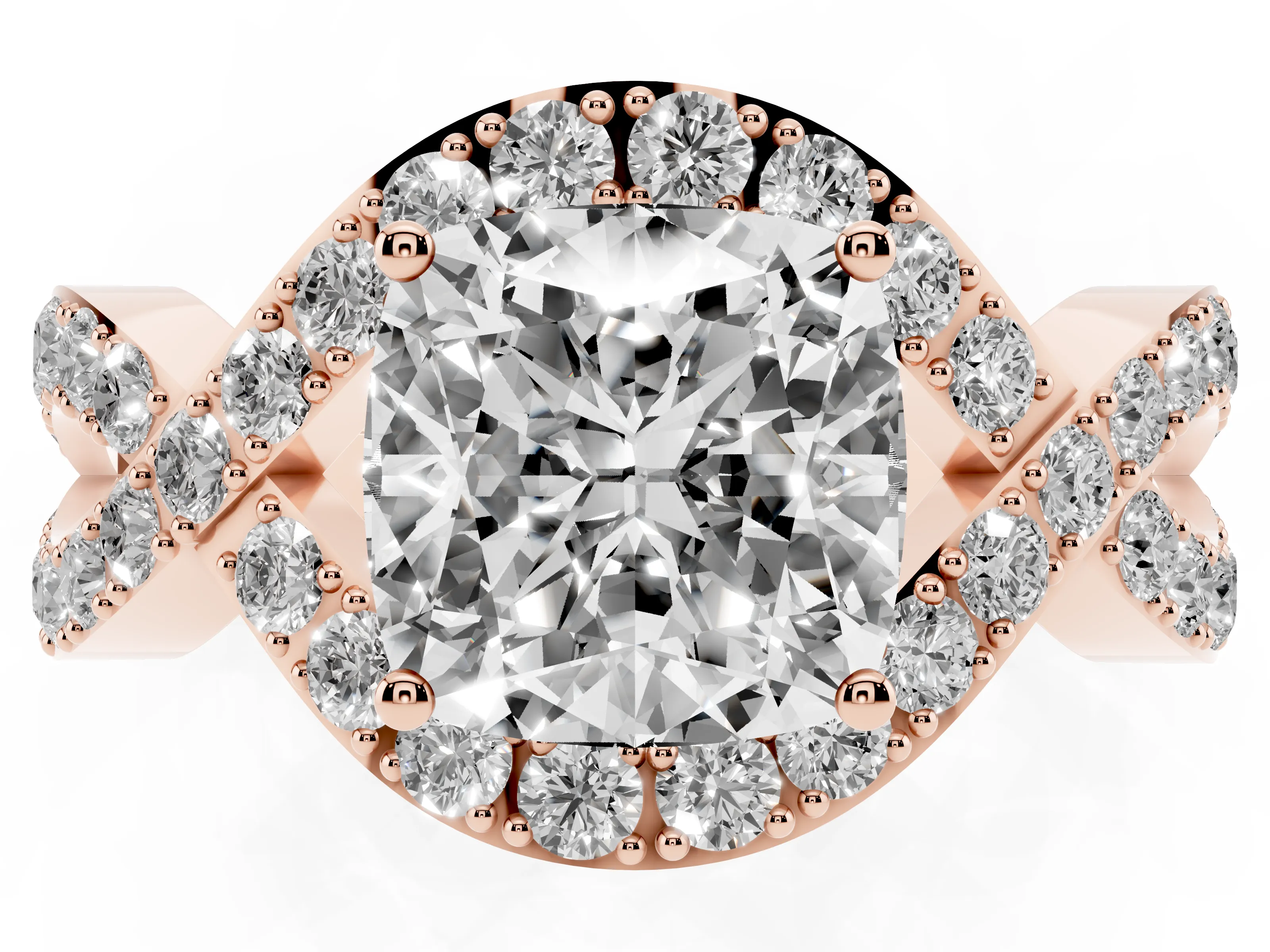 Cushion Cut Diamond Solitaire Twist Band Pavé Engagement Ring Set in Rose gold