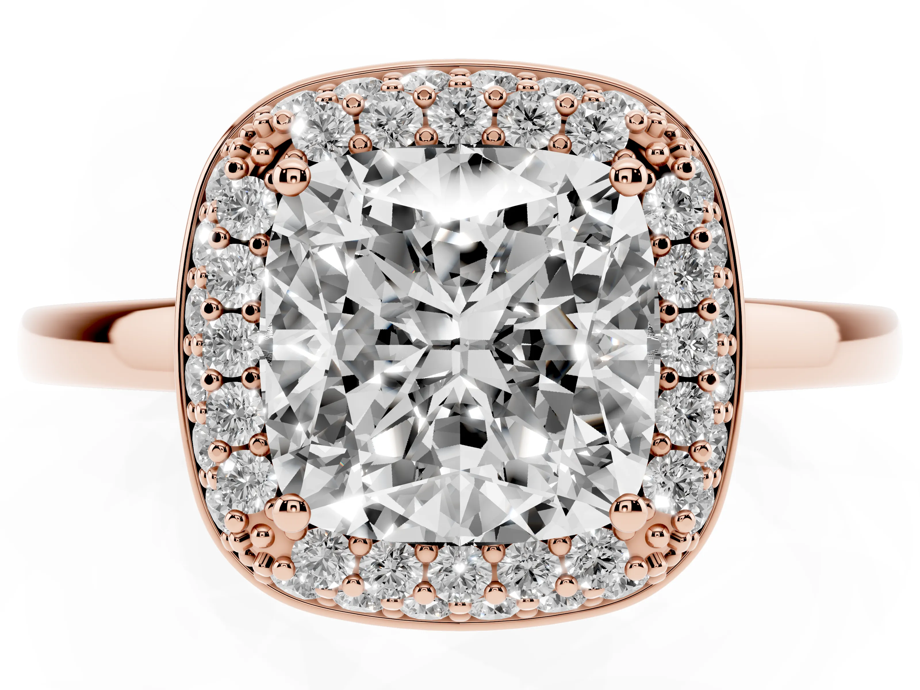 Cushion Cut Diamond Halo Engagement Ring Set in Rose gold with Solitaire Band and Prong Setting