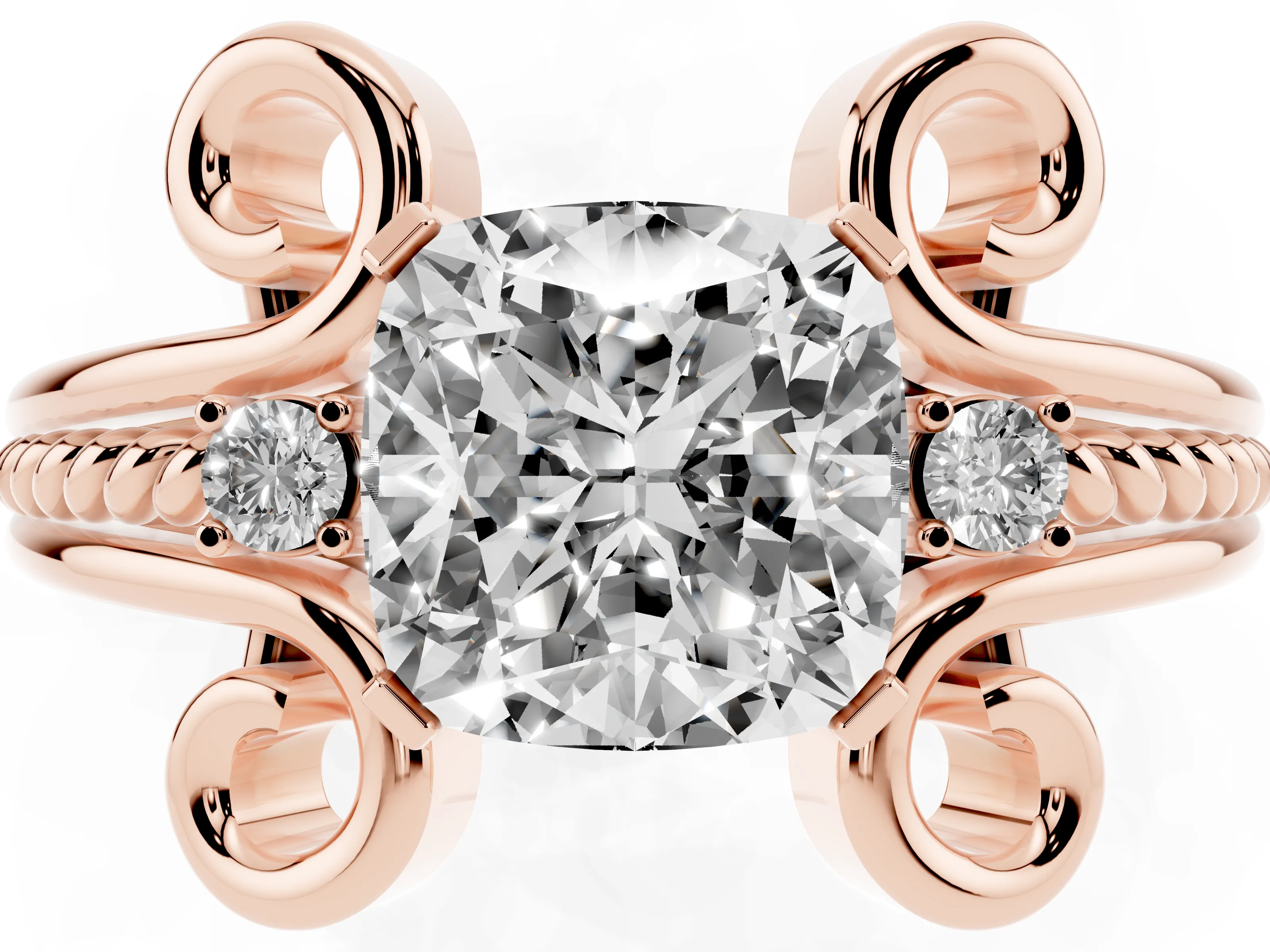 Cushion Cut Diamond Twisted Band Solitaire Ring Set in Rose gold with Scroll Prongs