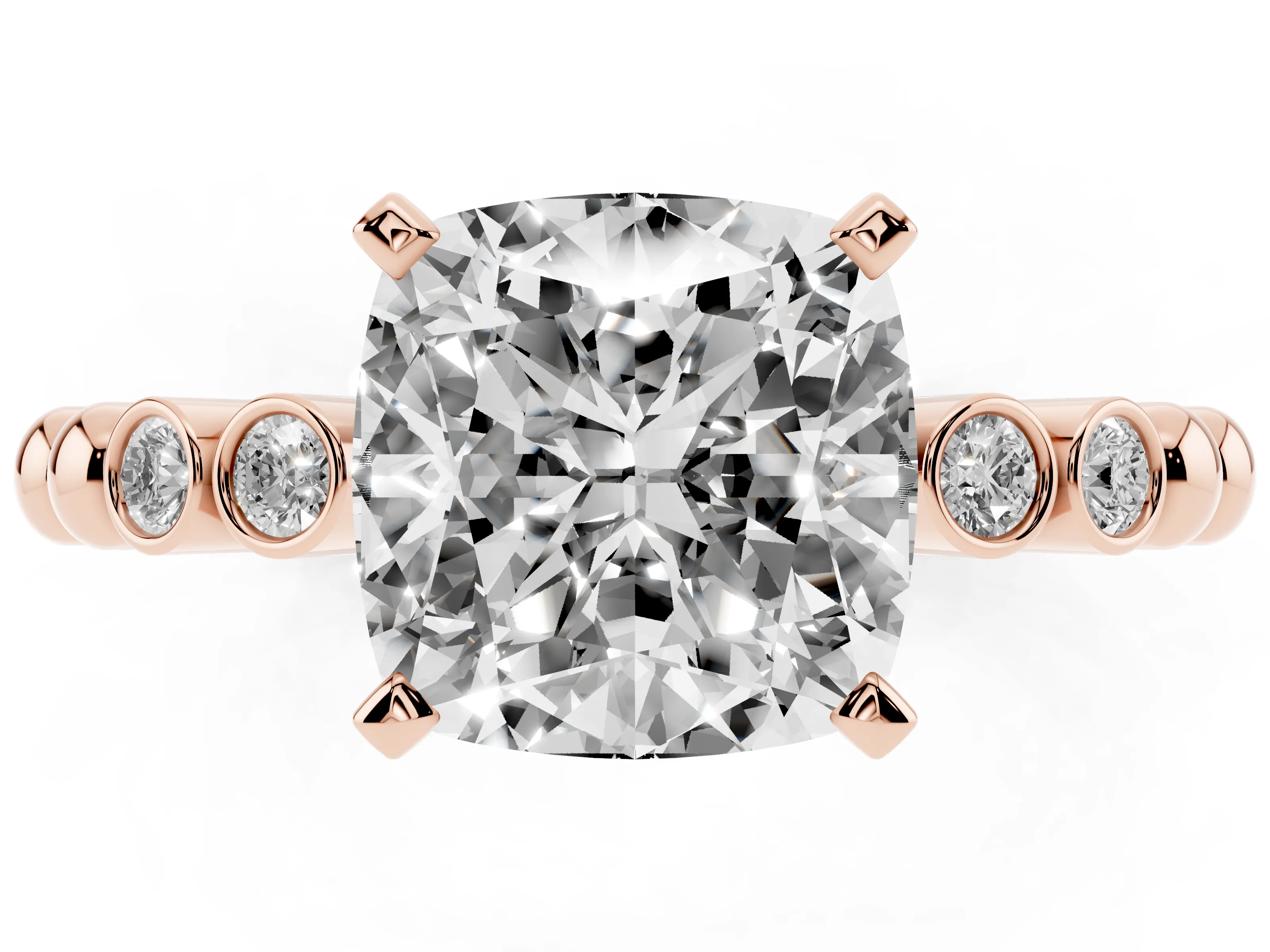 Cushion Cut Diamond Solitaire Engagement Ring Set in Rose gold with Bezel Accents on Beaded Band
