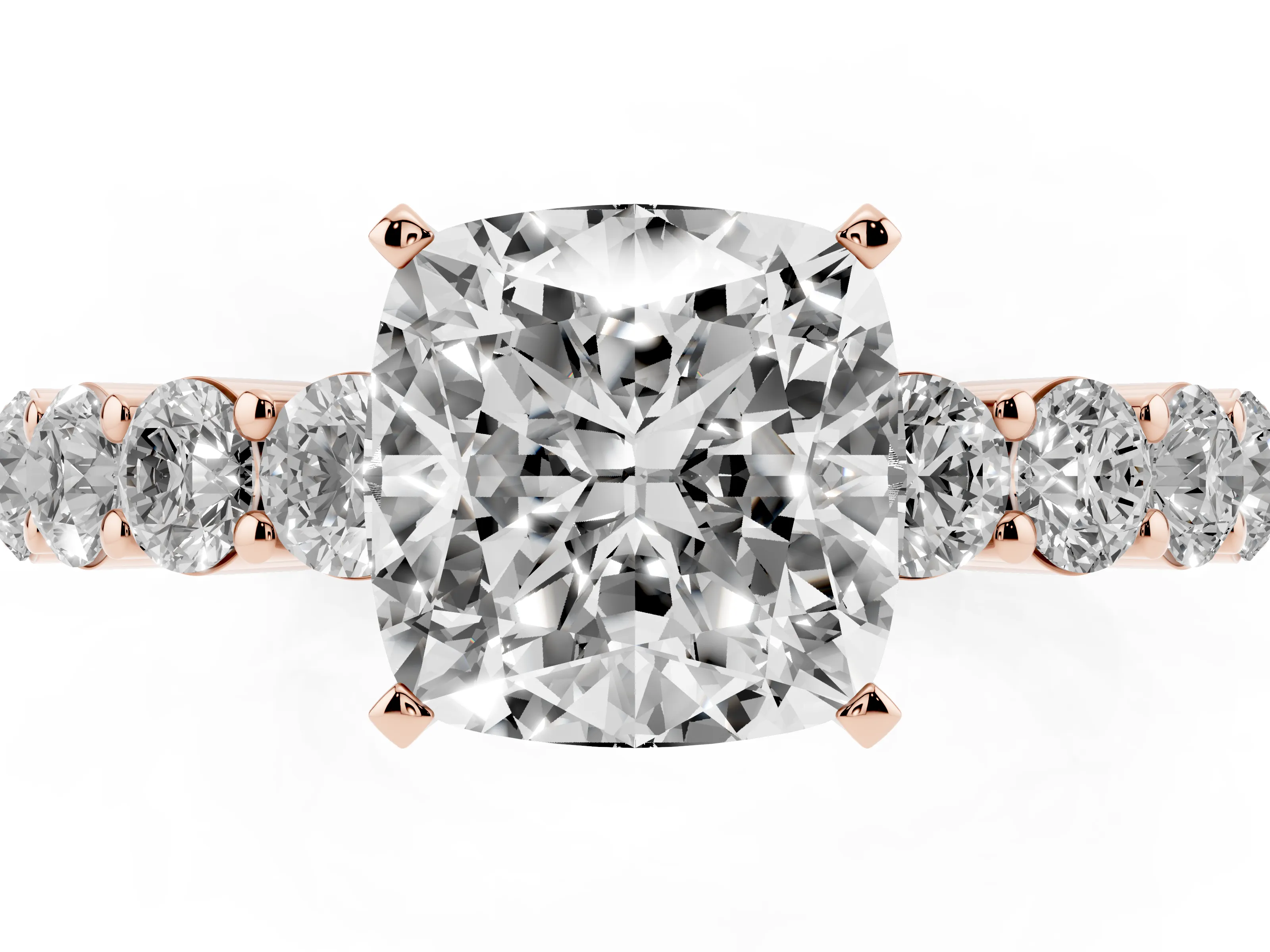 Cushion Cut Diamond Solitaire Ring Set in Rose gold with Shared Prong Round Side Stones
