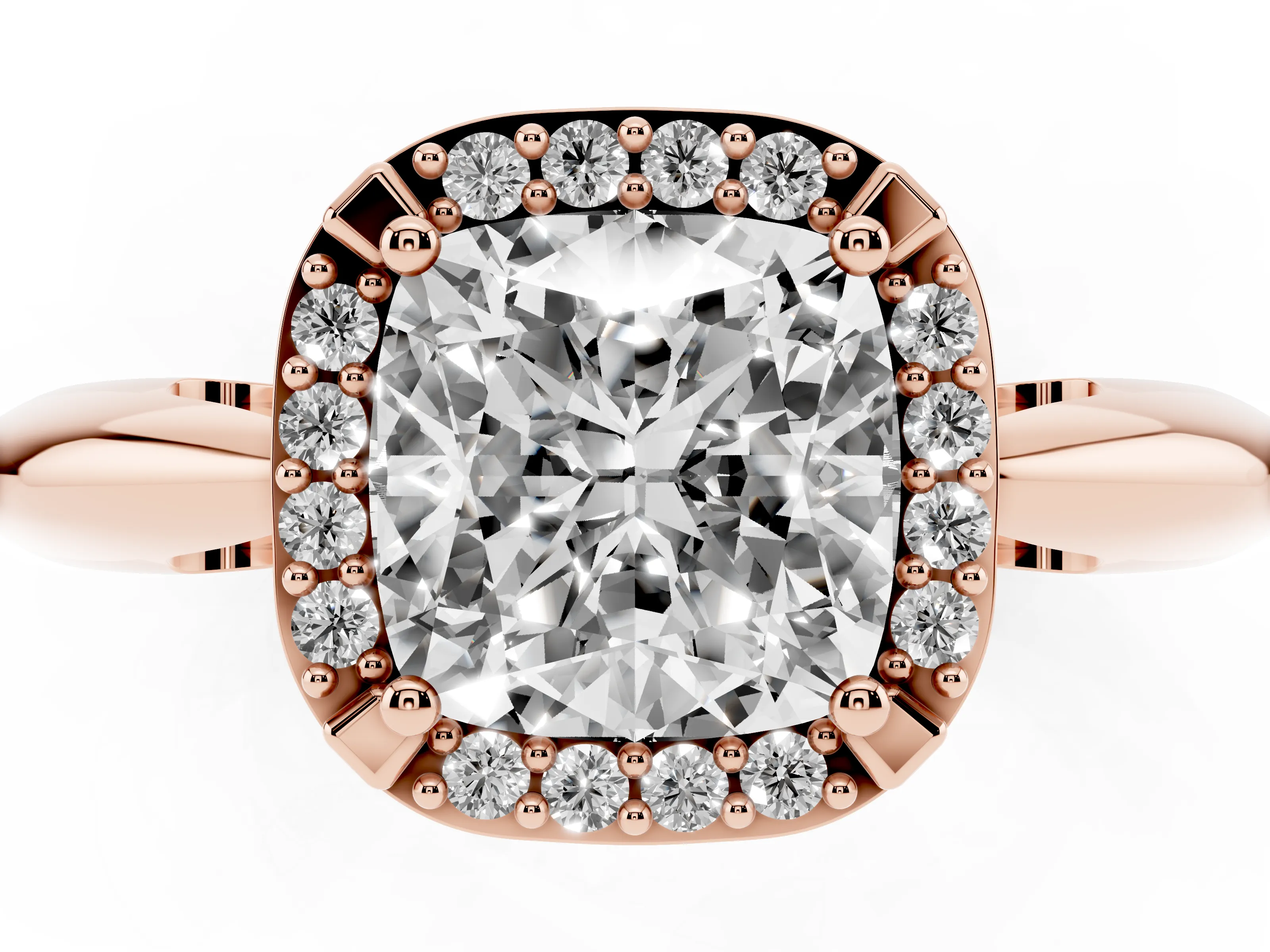 Cushion Cut Diamond Halo Engagement Ring Set in Rose gold with Plain Split Shank and Prong Setting