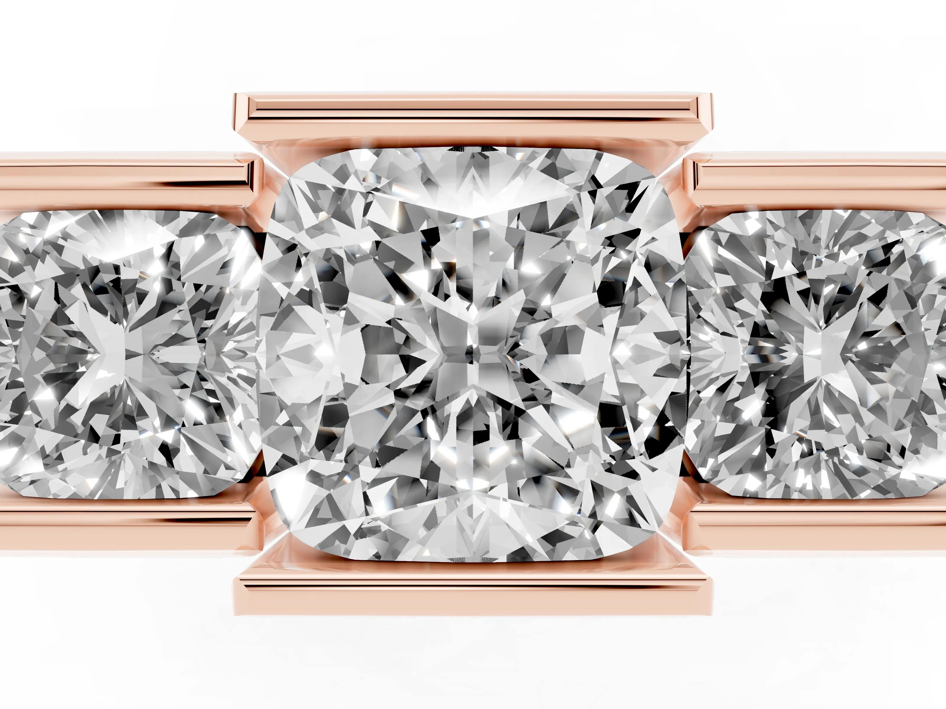 Cushion Cut Diamond Three-Stone Channel Set Ring Set in Rose gold with Smooth Polished Band