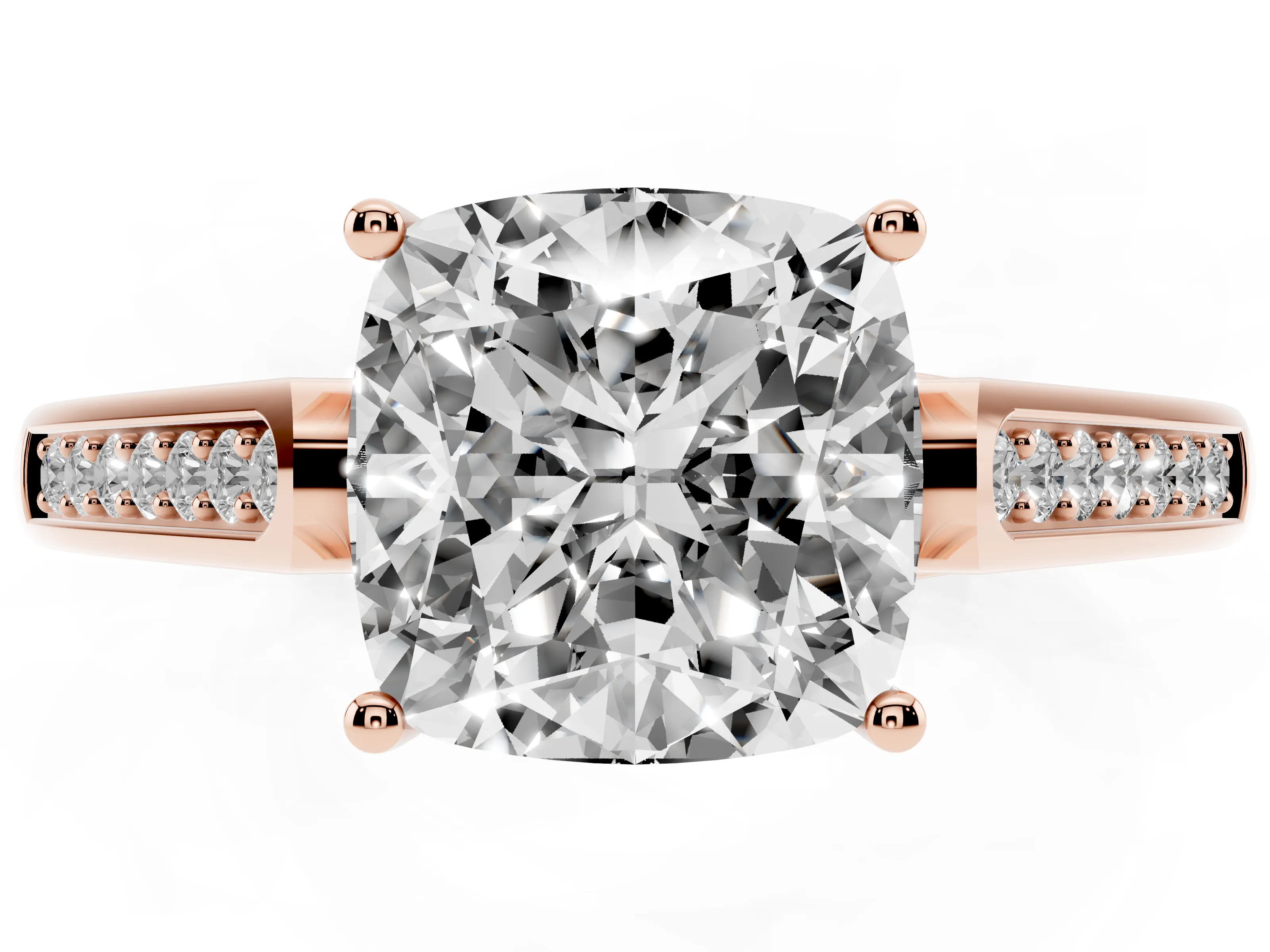 Cushion Cut Diamond Solitaire Cathedral Engagement Ring Set in Rose gold with Channel-Set Band and Prong Setting