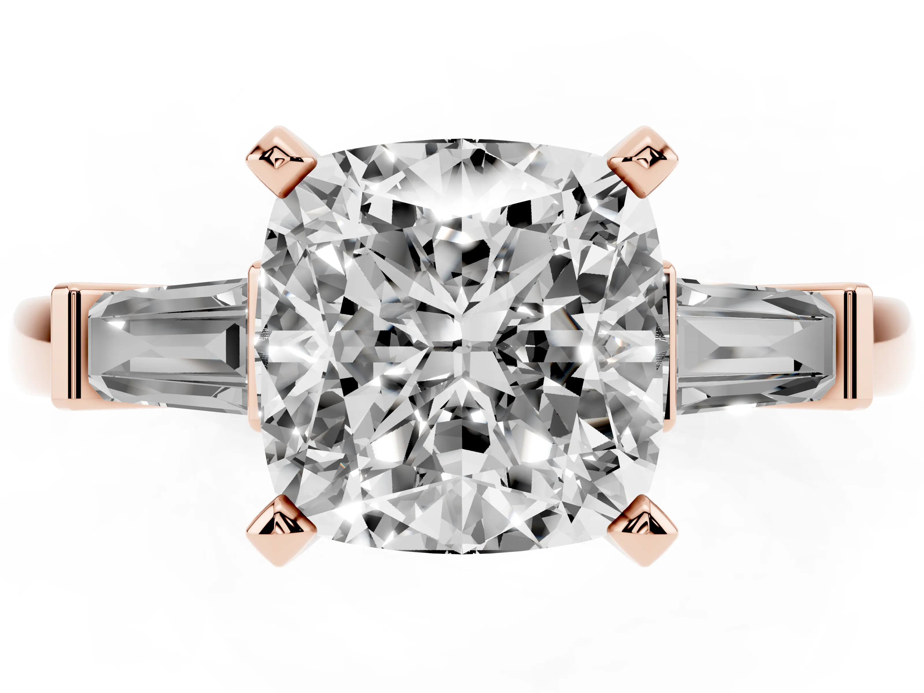 Cushion Cut Diamond Solitaire Ring Set in Rose gold with Tapered Baguette Accents and Prong Setting