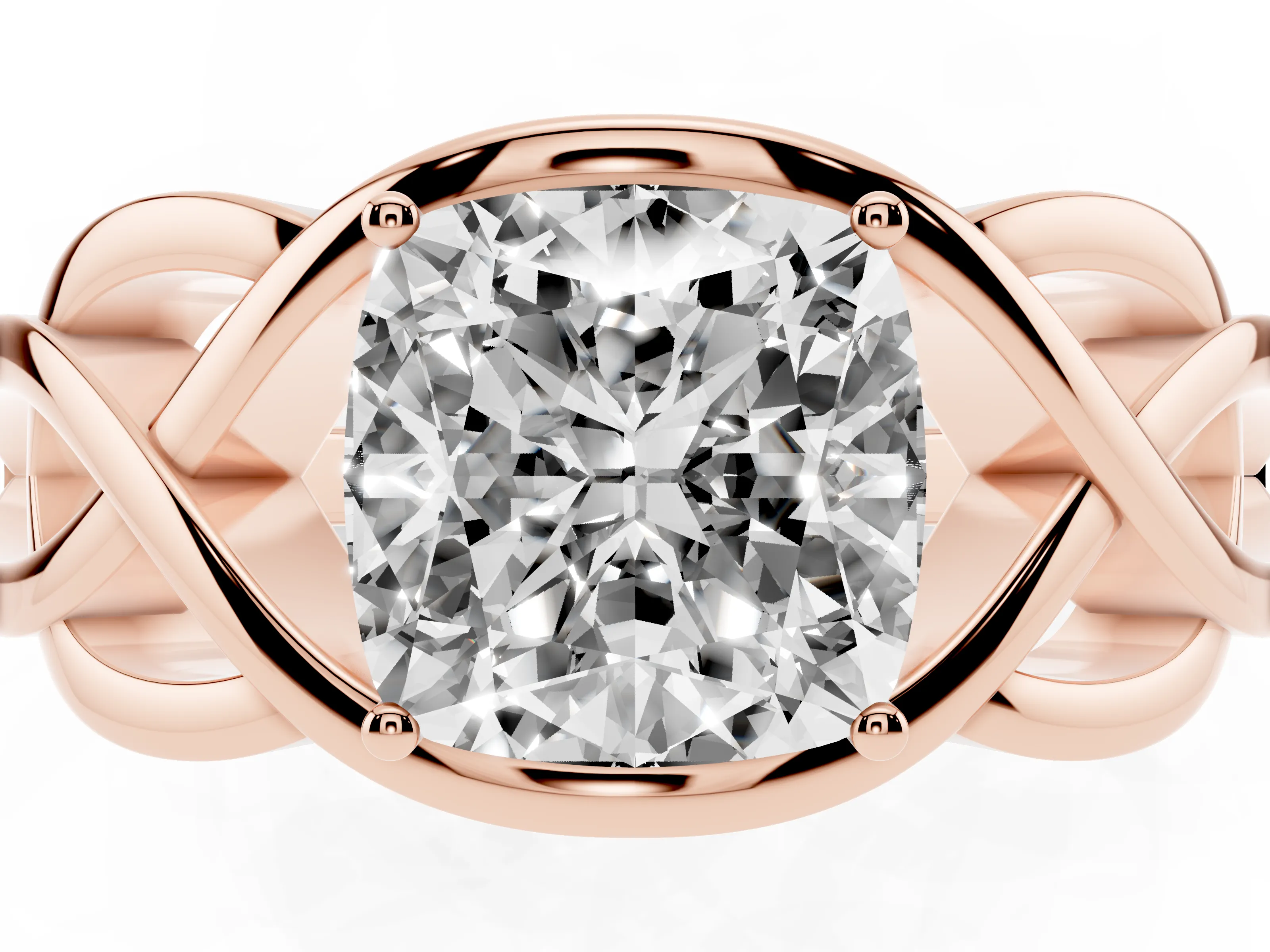 Cushion Cut Solitaire Engagement Ring Setting | Intertwined Band | Rose Gold