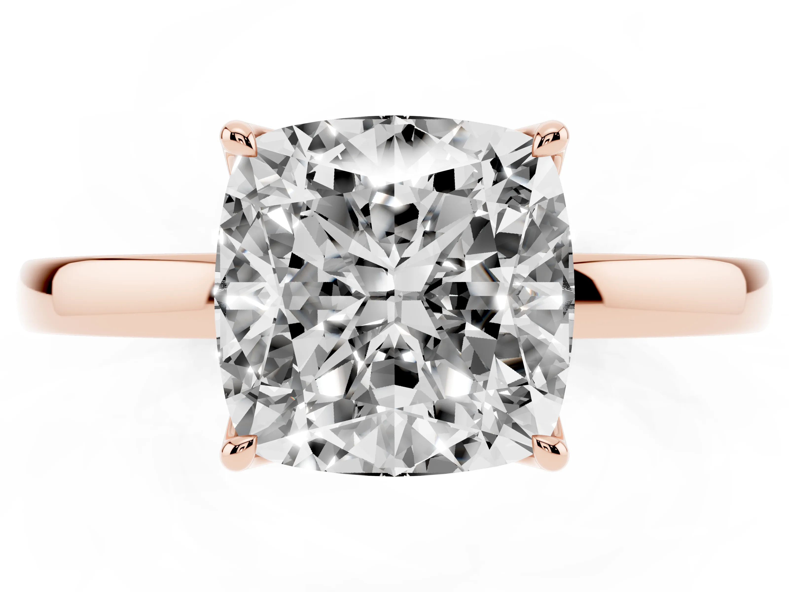 Cushion Cut Diamond Solitaire Ring Set in Rose gold with Prong Setting and Thin Polished Band