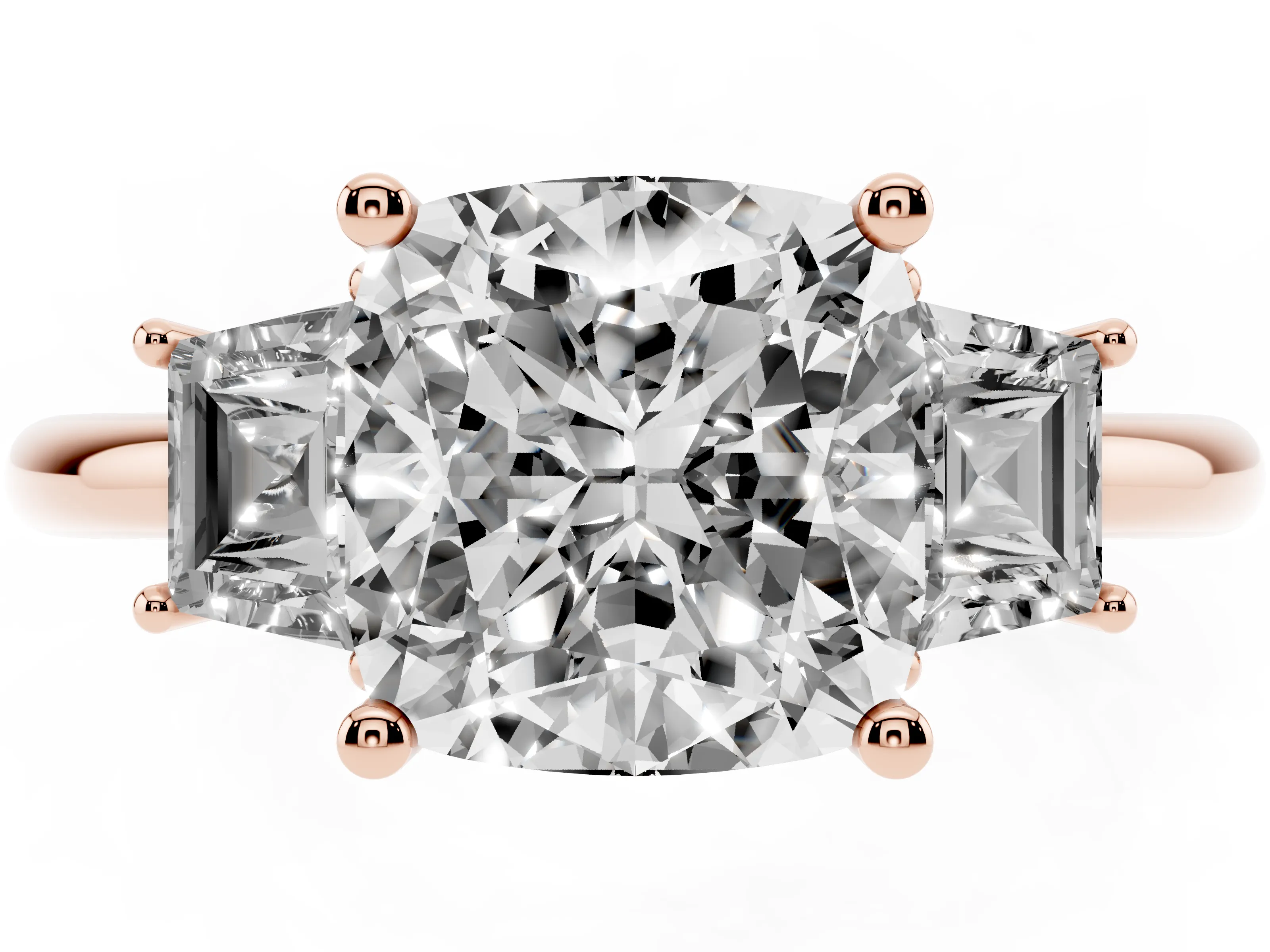 Cushion Cut Diamond Three-Stone Ring Set in Rose gold with Trapezoid Side Stones and Prong Setting