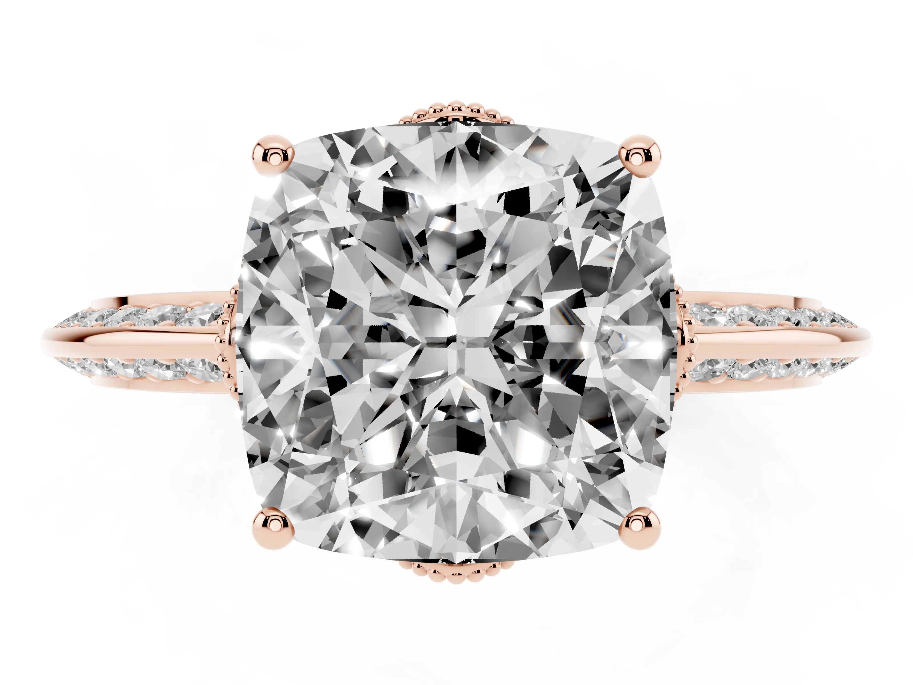 Cushion Cut Diamond Solitaire Engagement Ring Set in Rose gold with Pavé Split Shank and Prong Setting