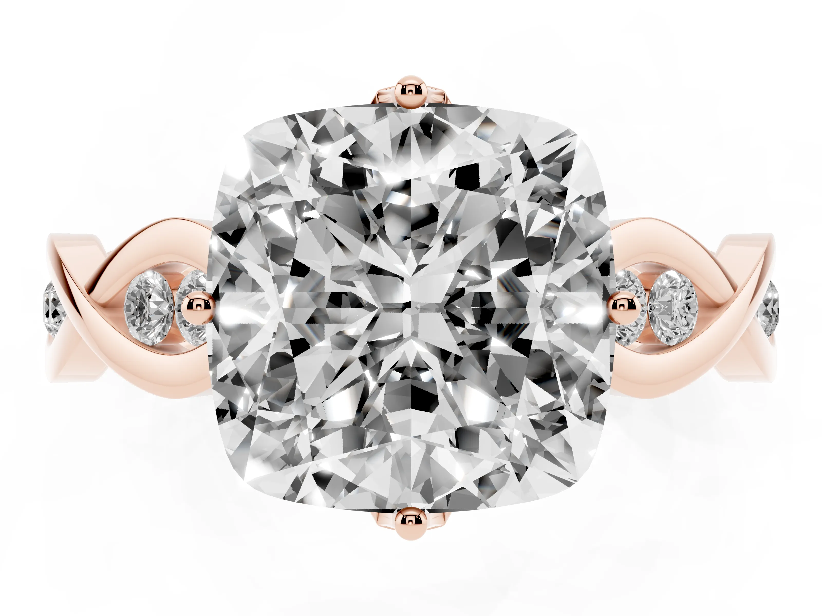 Cushion Cut Diamond Twist Band Solitaire Ring Set in Rose gold with Leaf Prong Setting and Accent Stones