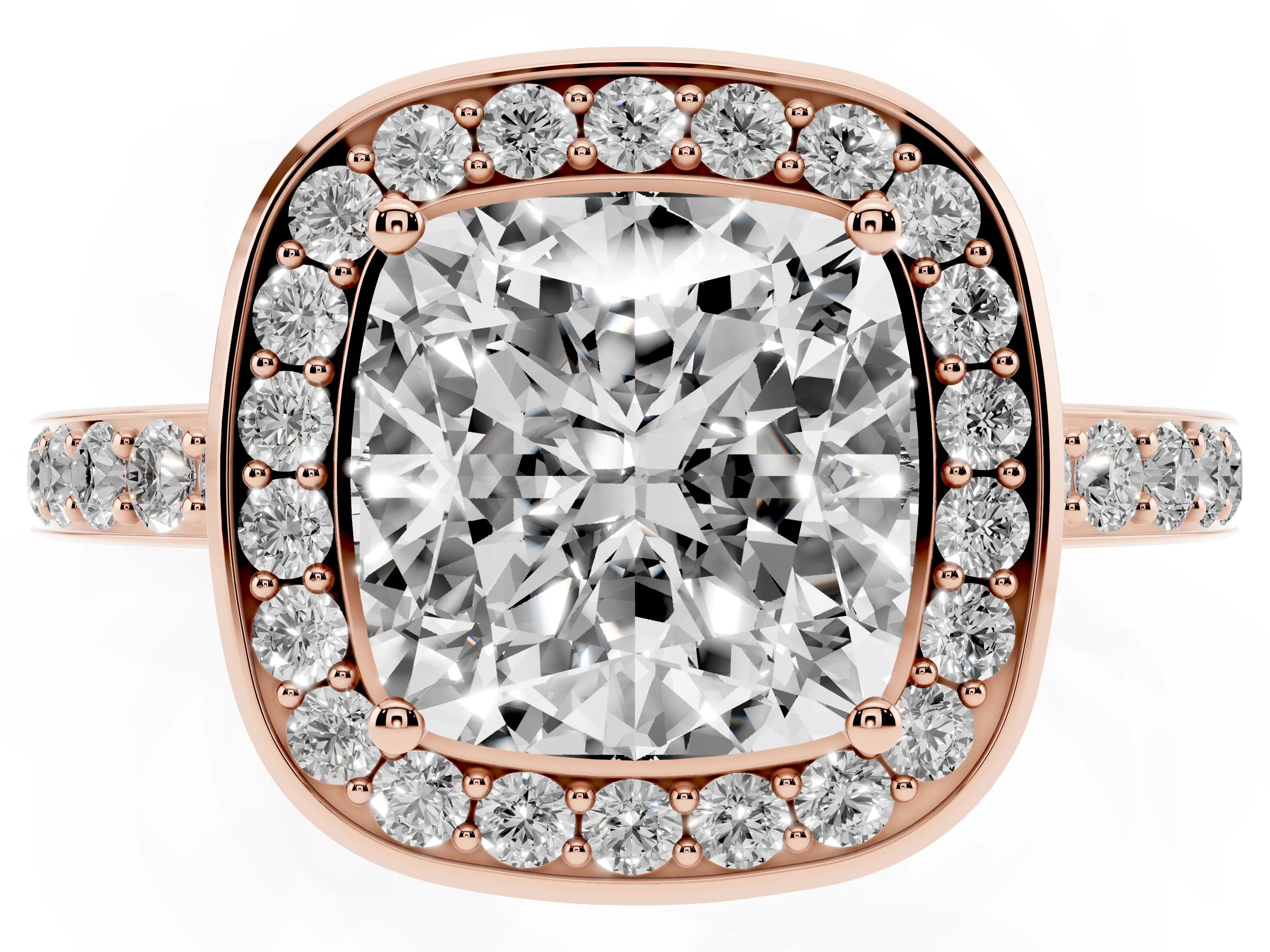 Cushion Cut Diamond Halo Ring Set in Rose gold with Bezel Frame and Pavé Band
