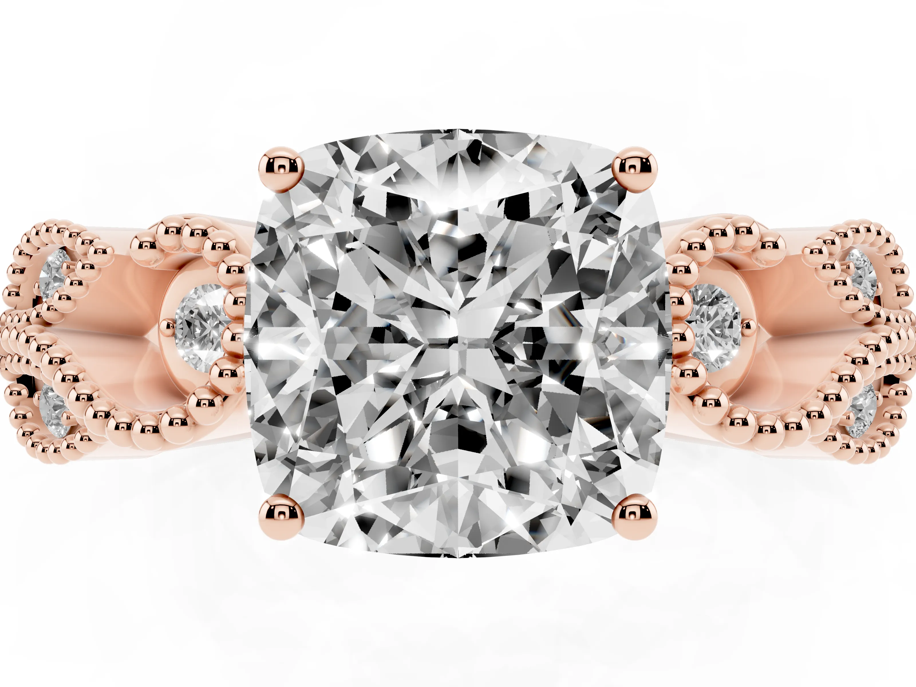 Cushion Cut Diamond Milgrain Leaf Band Solitaire Ring Set in Rose gold with Accent Stones and Prong Setting